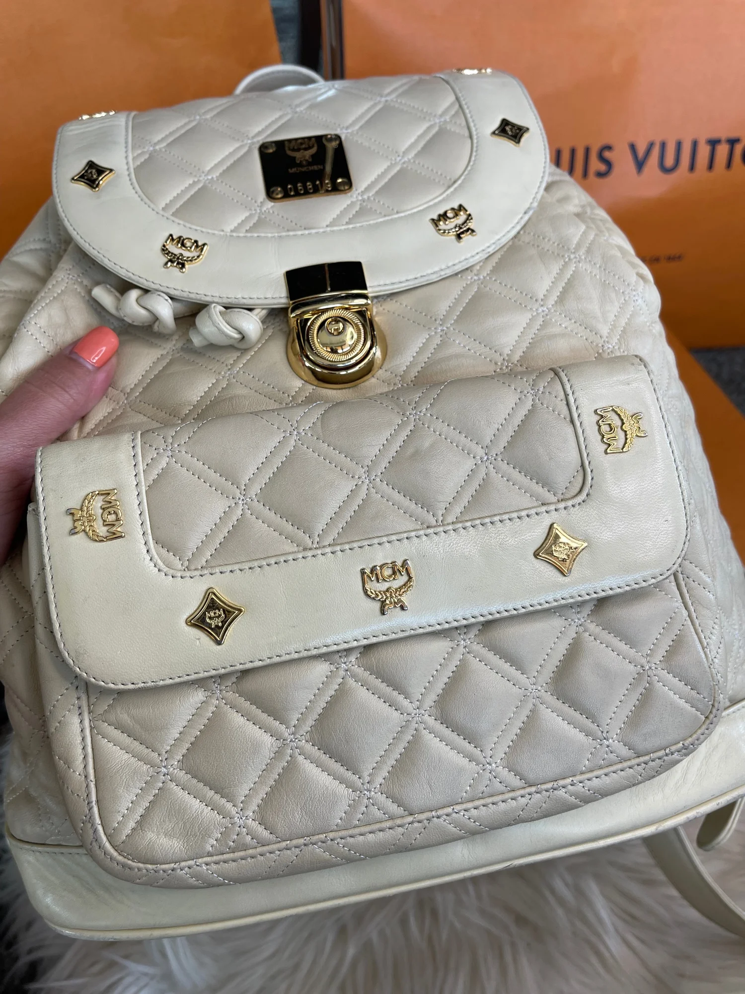 MCM Beige & White  Quilted Backpack MCM Cream White Leather Quilted Large Backpack | eBay main image 3