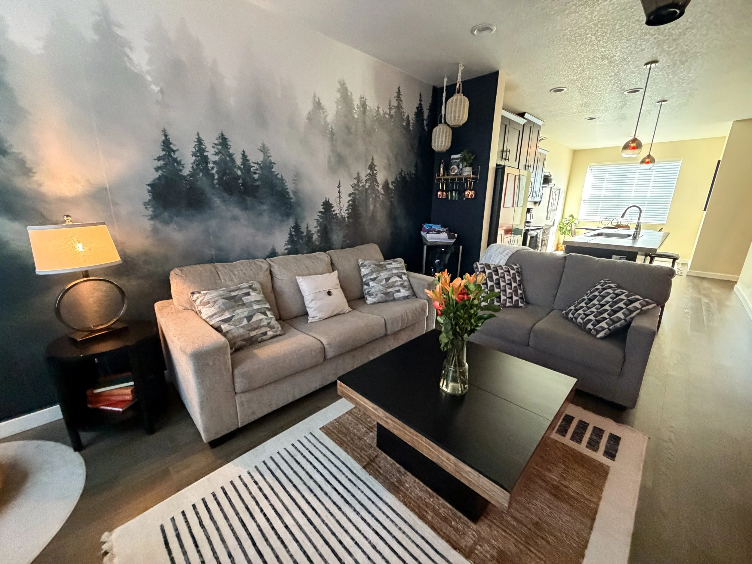 Living room and kitchen at Zen Fir Retreat townhouse