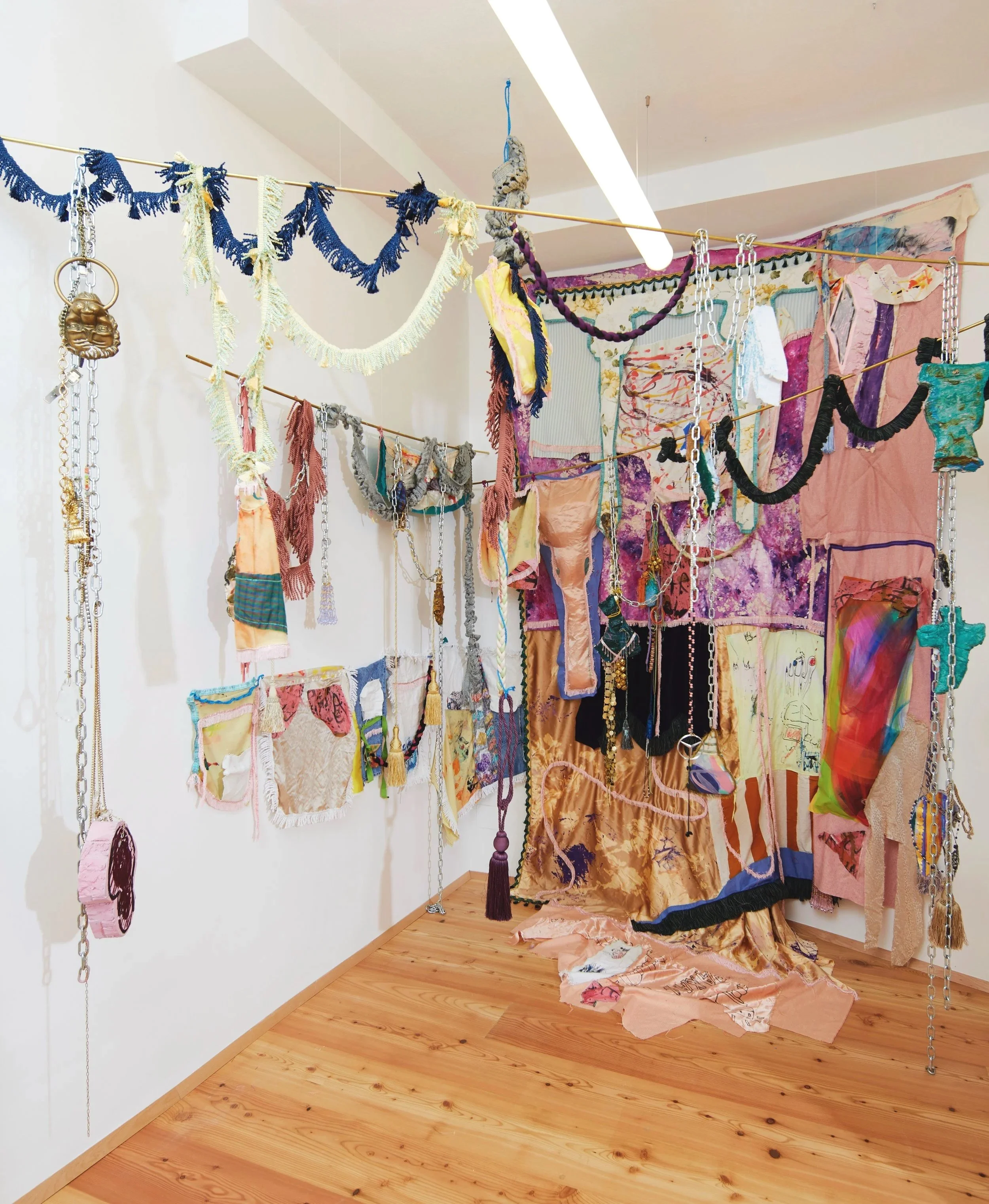 Forever Now Installation, 2023, 
Diverse textiles, found objects, chain, metal, jewellery wood  ~ 430 × 490 x 310 cm
