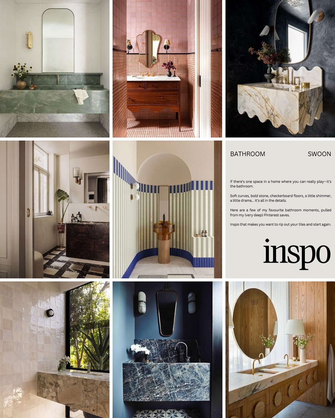 Bathroom Swoon 🥹

Here are a few of my favourite bathroom moments, pulled from my (very deep) Pinterest saves.
&bull;&bull;
Inspo that makes you want to rip out your tiles and start again.🤎
&bull;&bull;
Which one is your favourite? 😍 

#FranklinTN