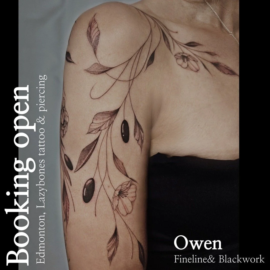 [BOOKING OPEN]
@tattooer_owen
@lazybones_tattoo 
- Blackwork &amp; Fineline tattoo style
- Booking through lazybonestattoo.com
- DM always welcome :)