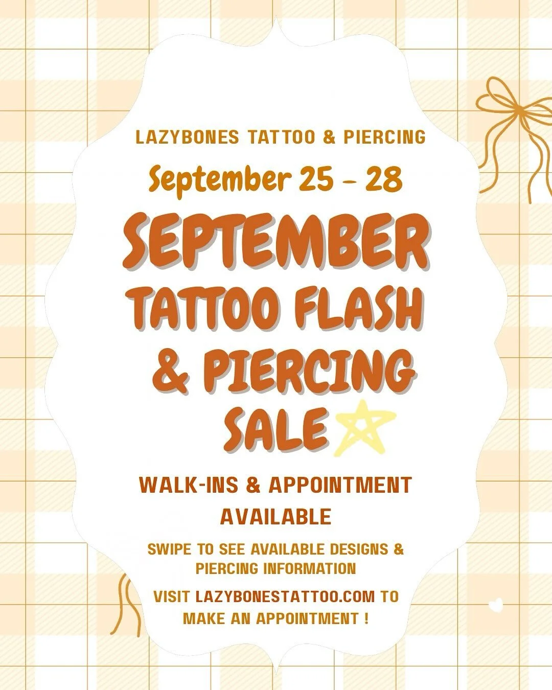 ✨ 𝐒𝐞𝐩𝐭𝐞𝐦𝐛𝐞𝐫 𝐓𝐚𝐭𝐭𝐨𝐨 𝐅𝐥𝐚𝐬𝐡 𝐖𝐞𝐞𝐤 &amp; 𝐏𝐢𝐞𝐫𝐜𝐢𝐧𝐠 𝐒𝐚𝐥𝐞 ✨

📅 𝐒𝐞𝐩𝐭 𝟐𝟓 &ndash; 𝟐𝟖
🕚 𝟏𝟏𝐚𝐦 &ndash; 𝟕𝐩𝐦
✔️ 𝐖𝐚𝐥𝐤-𝐢𝐧𝐬 &amp; 𝐀𝐩𝐩𝐨𝐢𝐧𝐭𝐦𝐞𝐧𝐭𝐬 𝐰𝐞𝐥𝐜𝐨𝐦𝐞!

🌟 𝐓𝐚𝐭𝐭𝐨𝐨 𝐅𝐥𝐚𝐬𝐡 𝐒𝐚𝐥𝐞 ?