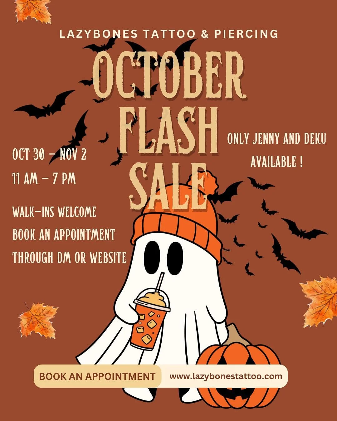 ✨ October Flash Sale! ✨

Only Deku &amp; Jenny available for this event 💥

📅 Oct 30 &ndash; Nov 2 | 11AM &ndash; 7PM

Walk-ins Welcome 🫶
DM us or book through our website to grab your spot!