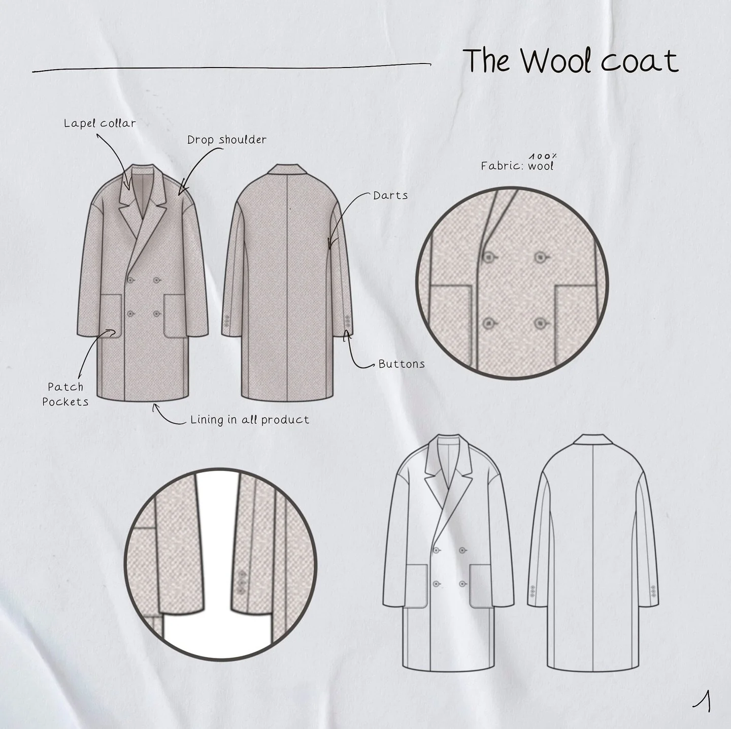 Une id&eacute;e, un croquis, une inspiration.
Puis vient le travail sur les d&eacute;tails :
Les volumes : comment le v&ecirc;tement va-t-il tomber ?
Les mati&egrave;res : ici, une laine 100 % certifi&eacute;e RWS.
Les finitions : doublure, boutons, 