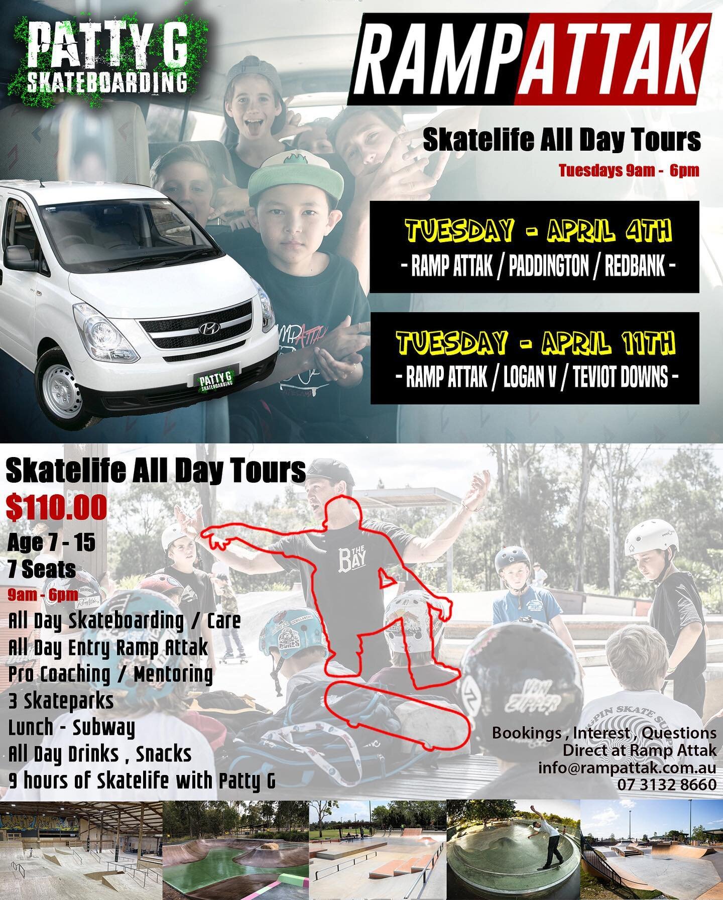 @rampattak // Skatelife All Day Tours ❗️ Holidays starts next week.
Lets skate All Day 🛹 
New Indoor Skatepark.
3 Skateparks , 9 hours,
Lunch &amp; All Snacks, Drinks.
Coaching, Hangin, Tourin.
Small Groups 👌 Good times.
All Day Skatelife Keen.
DM 