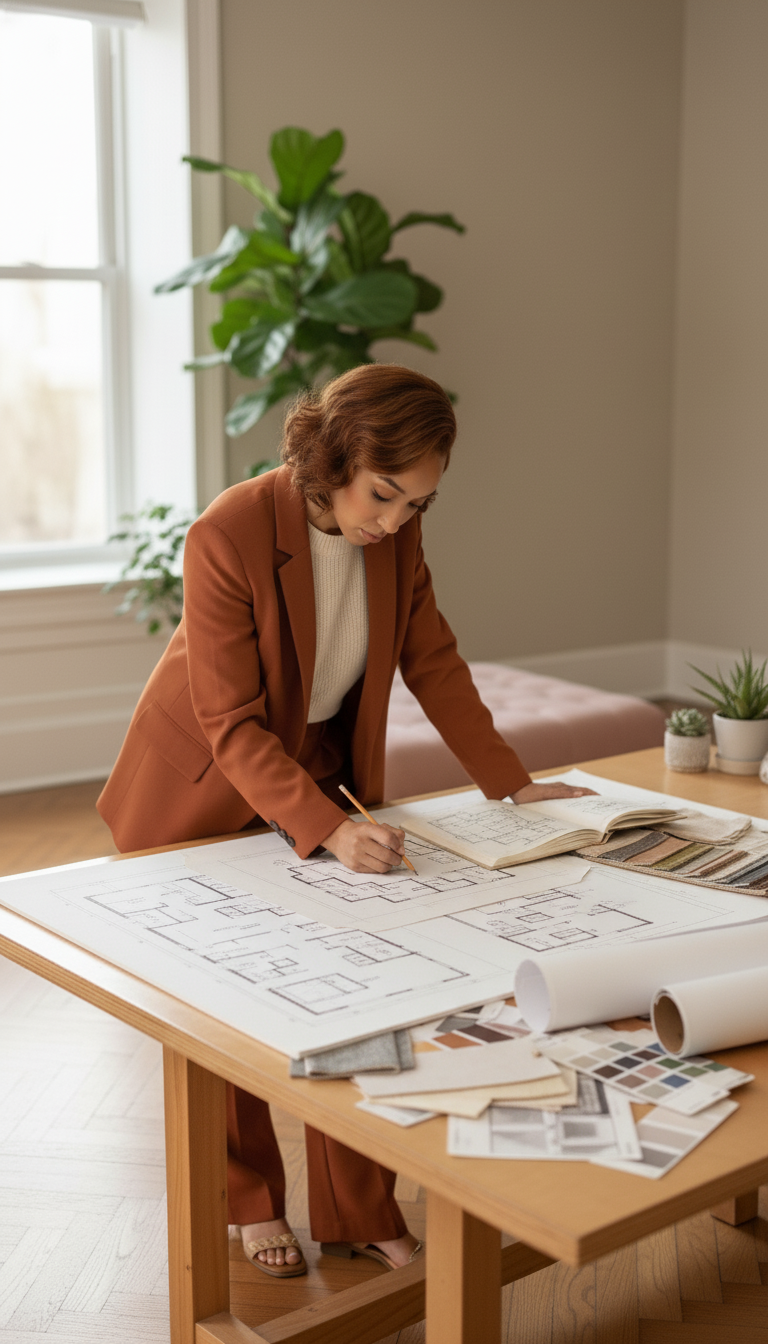 A woman in a brown suit working on an architectural blueprint at a wooden table.