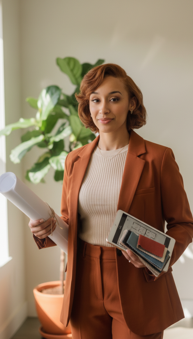 A woman with reddish hair wearing a rust-colored blazer and matching pants, holding architectural blueprints, fabric samples, and a tablet, standing in a well-lit room with a large potted plant in the background.