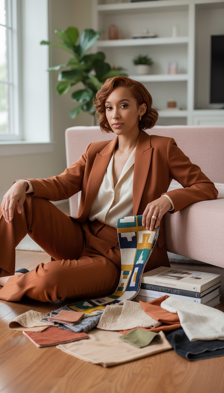 Woman in brown suit sitting on wooden floor surrounded by fabric samples and design books in a well-lit living room.