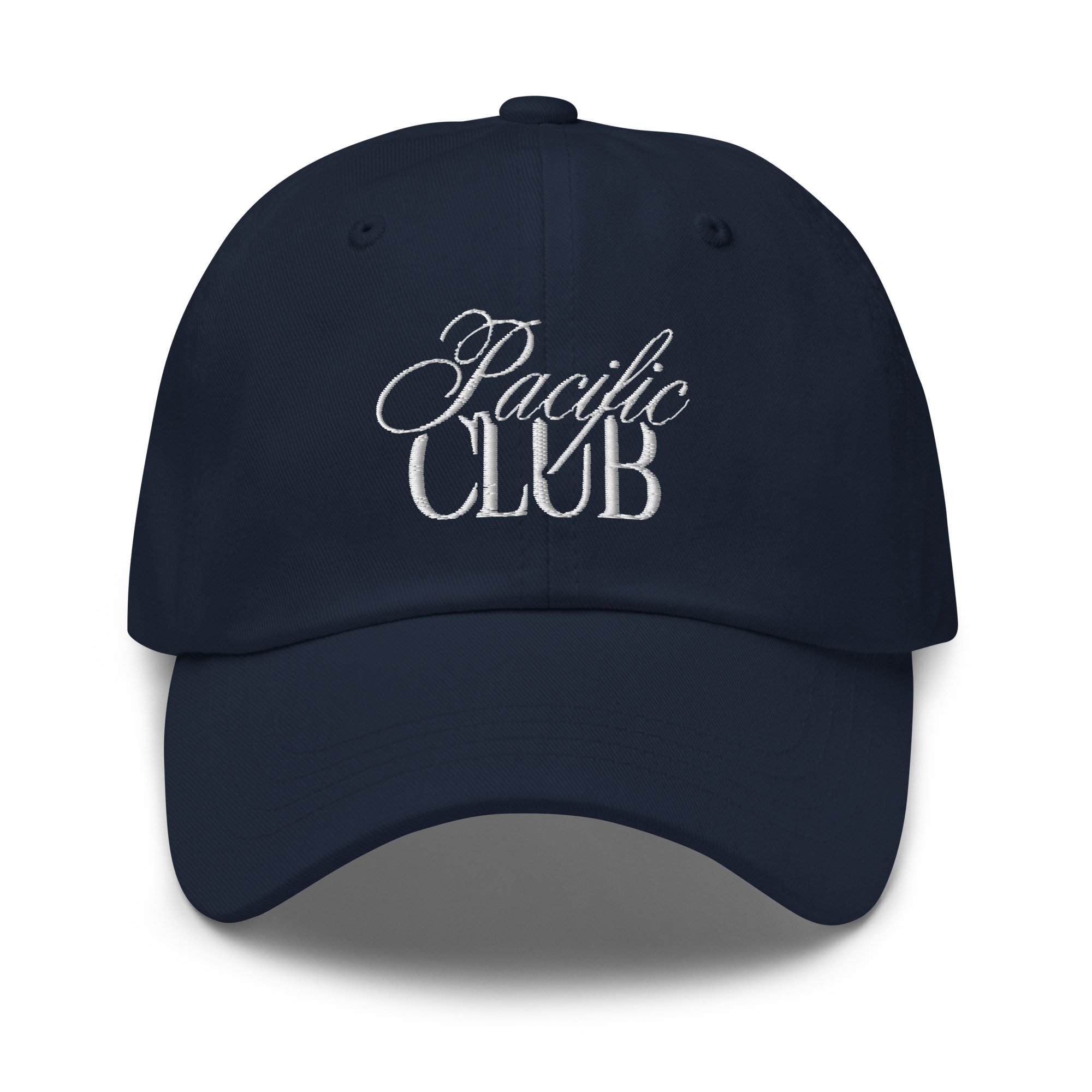 Black baseball cap with embroidered text 'Pacific Club' in cursive on front, on a white background.