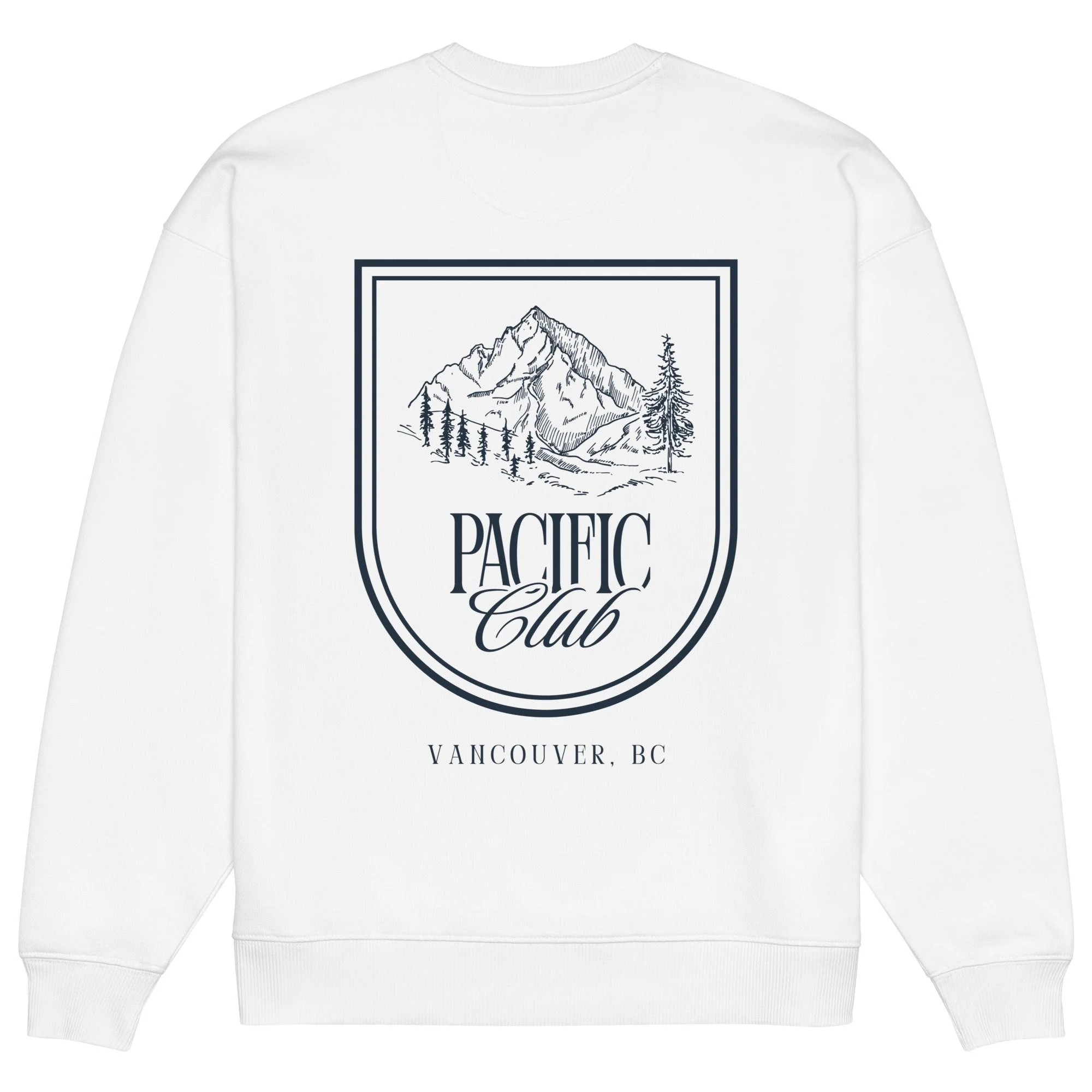 White sweatshirt with a graphic of a mountain landscape and the words "Pacific Club" and "Vancouver, BC" printed on it.