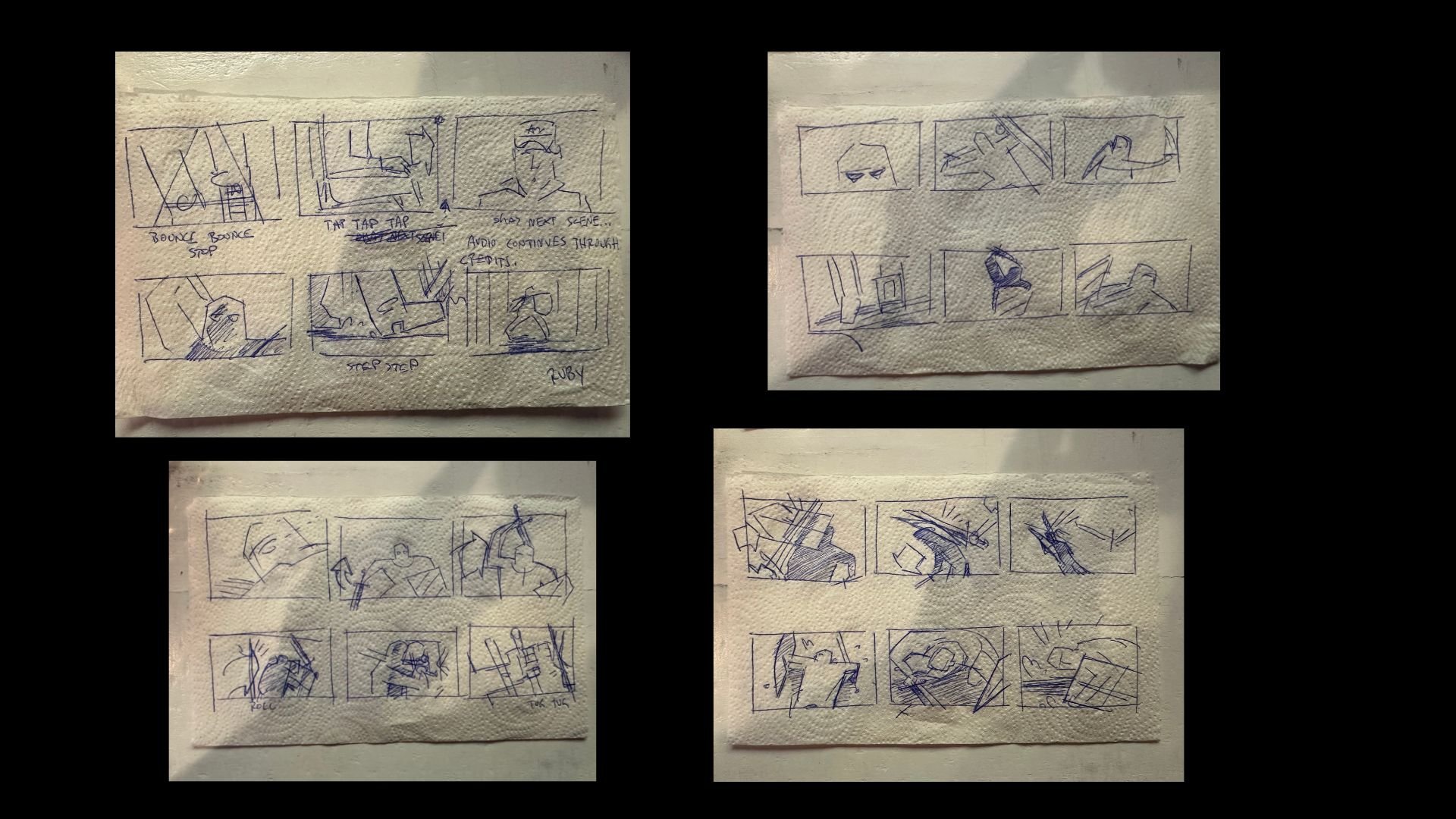 While most frames were created digitally, a few started as impromptu pen sketches on a napkin