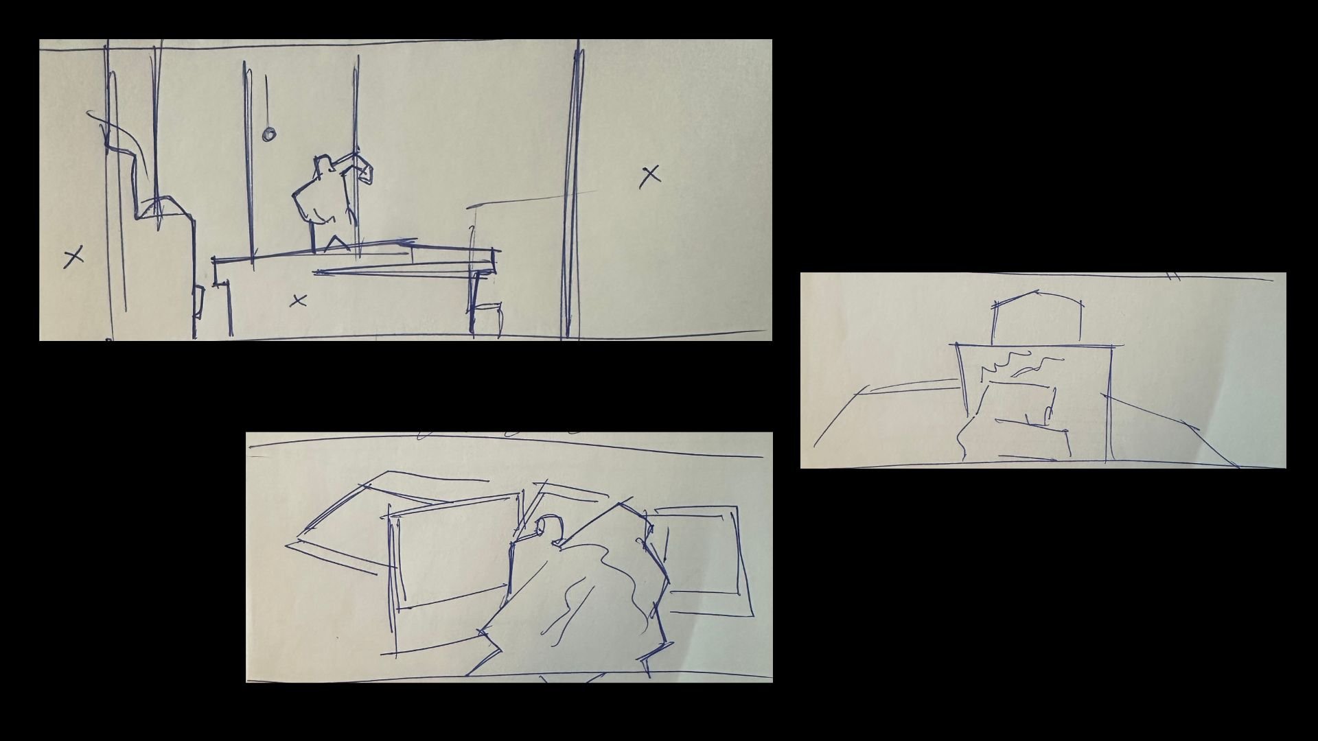 I typically start any drawing, composition, storyboard on paper using a ballpoint pen. This process is much faster for communicating ideas and is easier to do in front of a client.