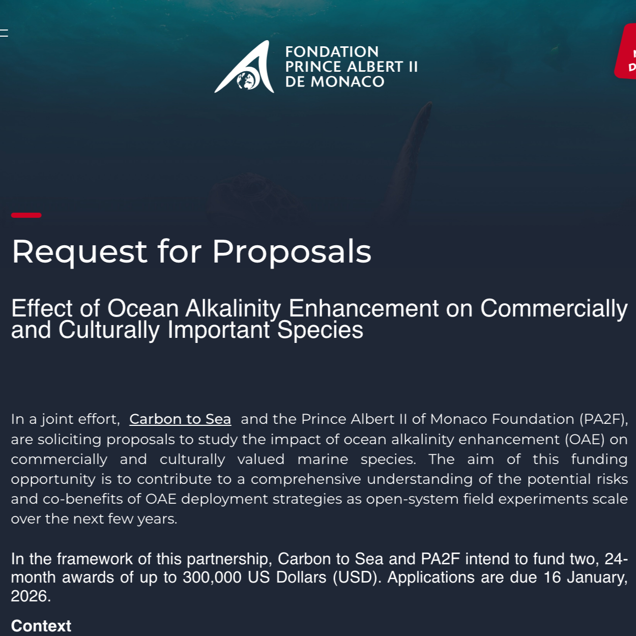 Request for Proposals: Effect of Ocean Alkalinity Enhancement on Commercially and Culturally Important Species