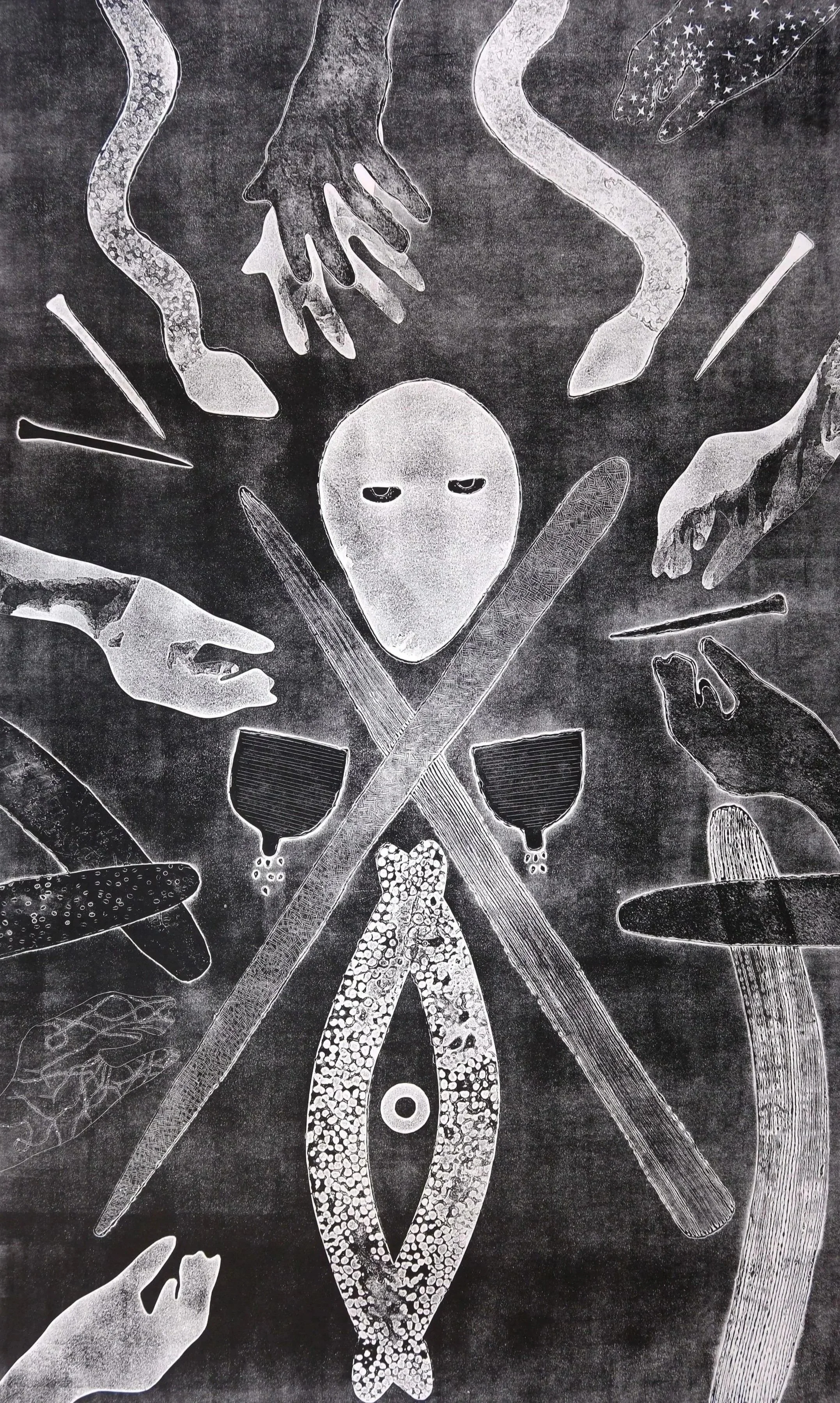  ngamaka/mother , 2025
 collagraph on paper
 Edition of 5
 745 x 1215 mm (image size)
 915 x 1265 mm (paper size)
 940 x 1420 mm (frame size)
 $2,200 AUD (print only) 
 $3,200 AUD (framed)
