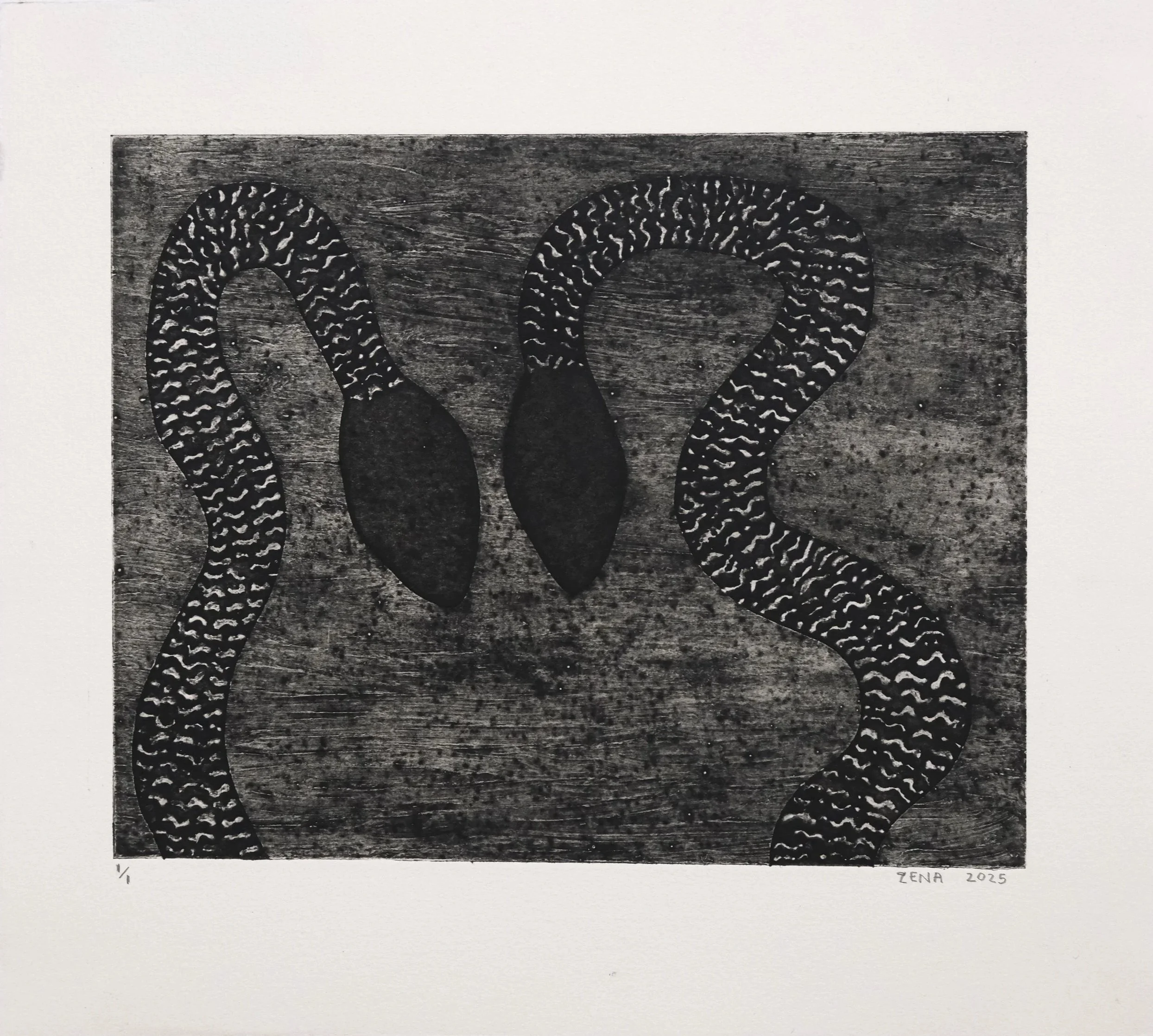  ngatyi (black) , 2025
 collagraph on paper
 Edition of 1 (Basil Hall Editions)
 390 x 354 mm (paper size)
 306 x 245 mm (image size)
 $440 AUD