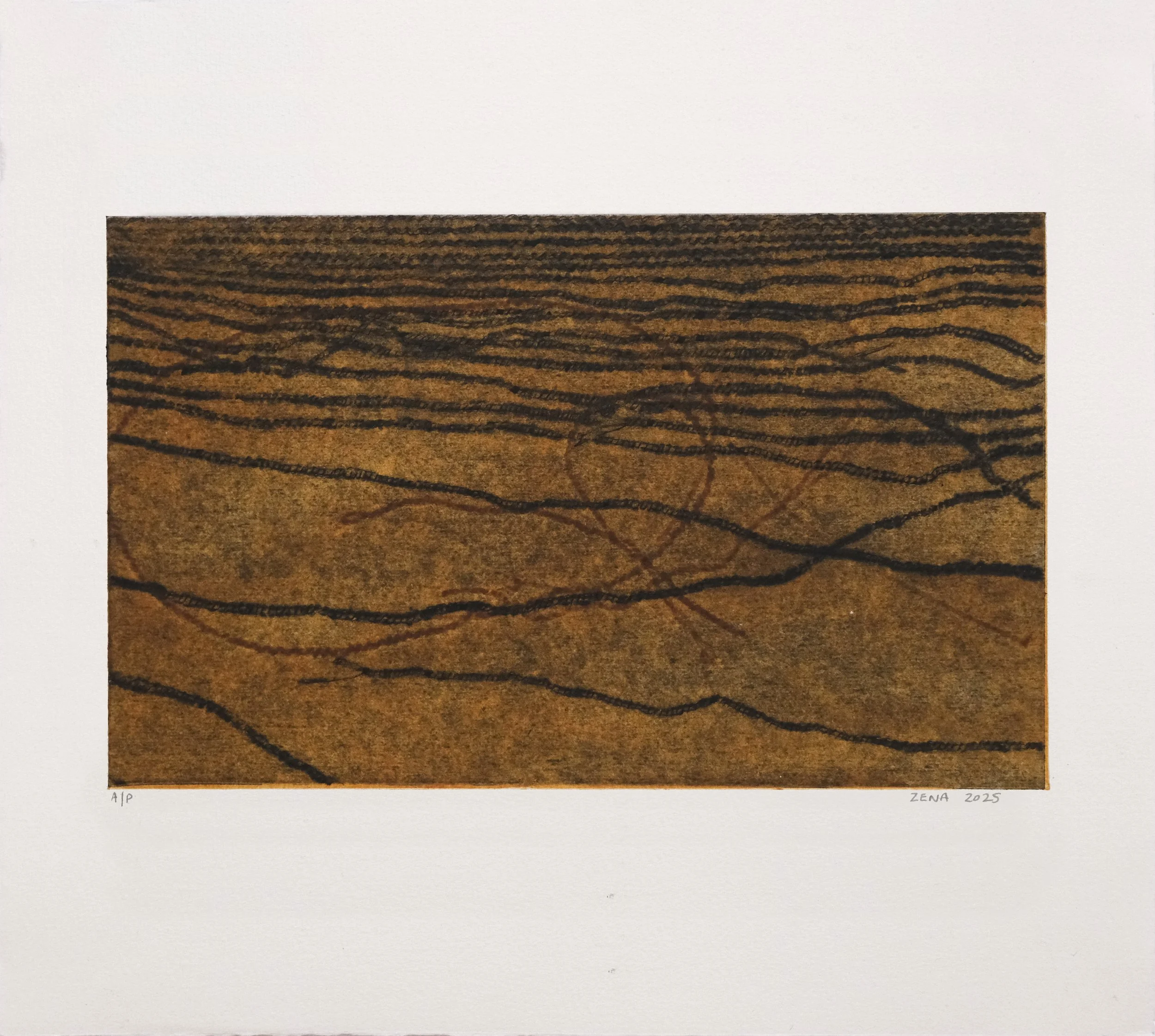  string (AP) , 2025
 collagraph on paper
 Edition of 1 AP (Basil Hall Editions)
 390 x 356 mm (paper size)
 320 x 198 mm (image size)
 $440 AUD