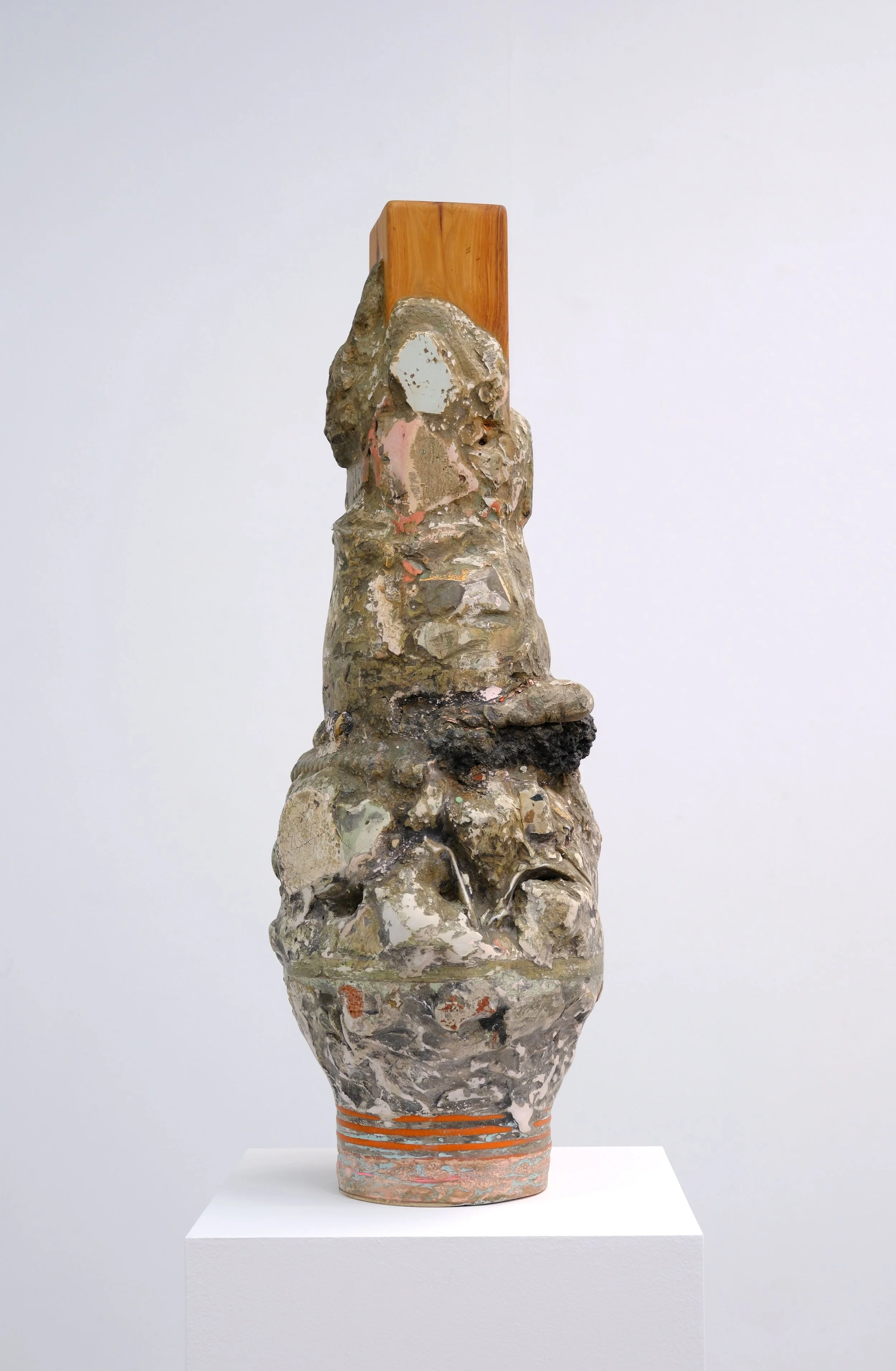 Ro Noonan 
 Pier support , 2025
 compressor hose, American oak, MDF, Cypress pine, aluminium, plaster, concrete, aerated concrete, clay, builders bog, glue, silicon, foam, asphalt, putty, rope, twine, wire, tile, grout, bolt heads, studio dust and de