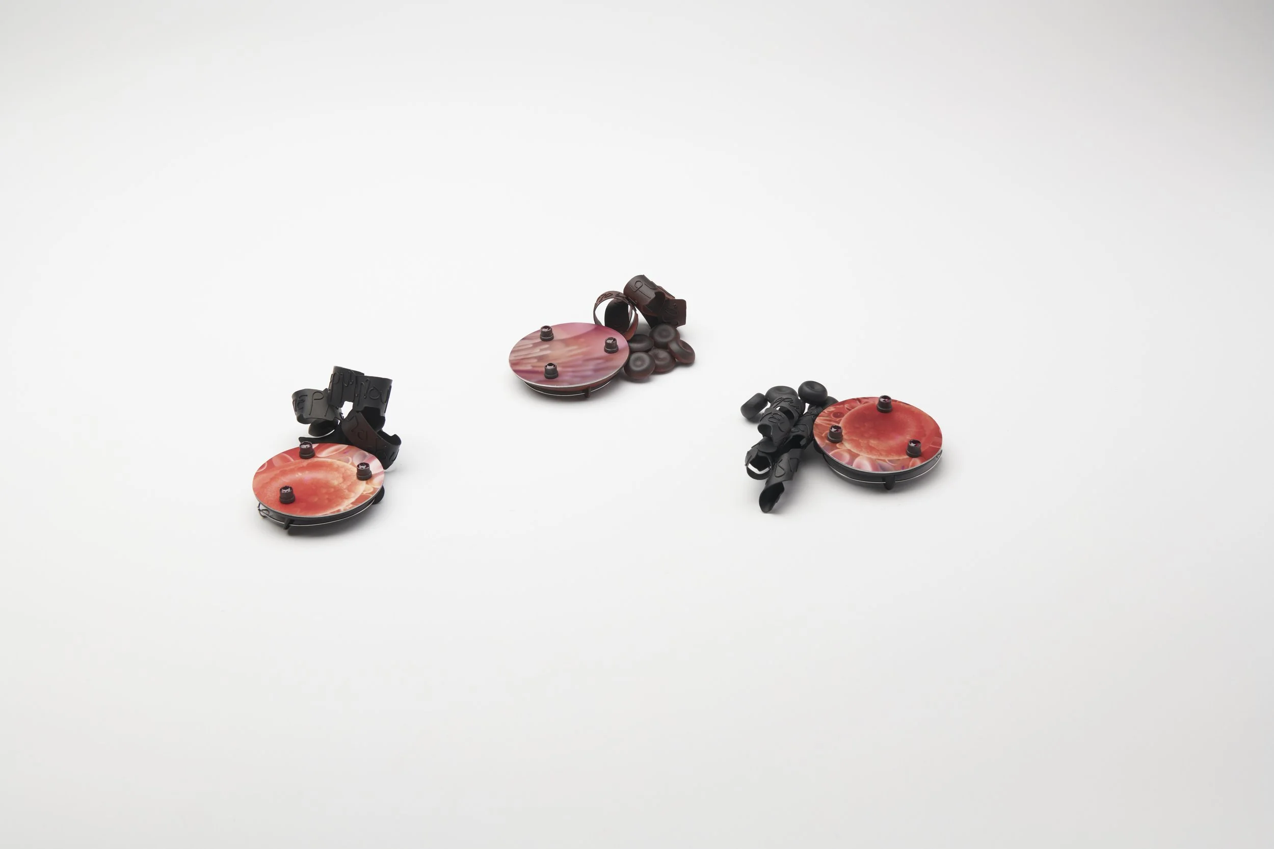  Innate Heat , 2023
  (3 brooches)
 Sterling silver, copper, ceramic coat paint, aluminium image transfer, ruby, stainless 
 Various dimensions 
  $1,050 each (1 SOLD)