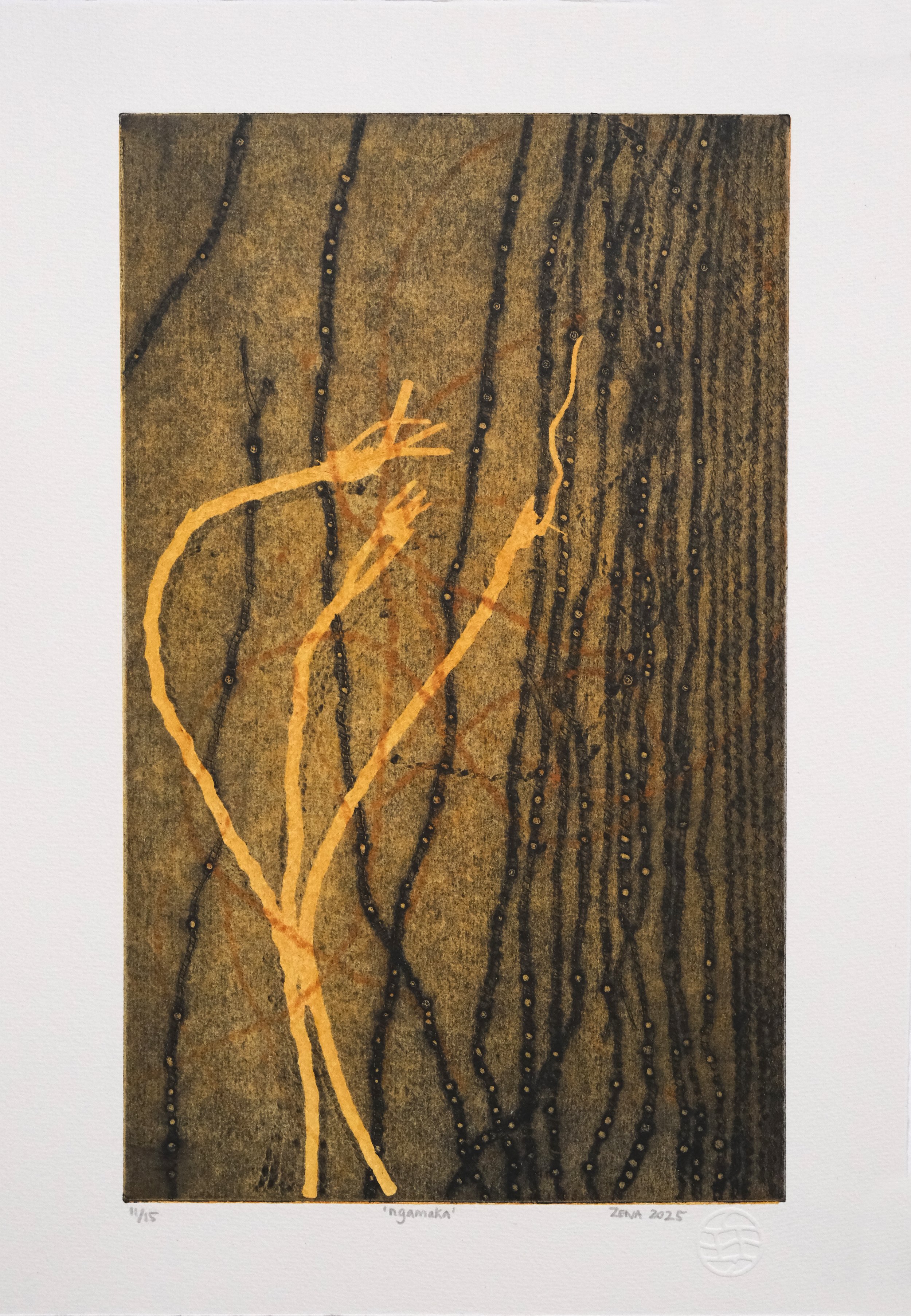  ngamaka (sedge) , 2025
 collagraph on paper 
 Edition of 15 (Basil Hall Editions)
 387 x 276 mm (paper size) 
 320 x 197 mm (image size)
 $330 AUD