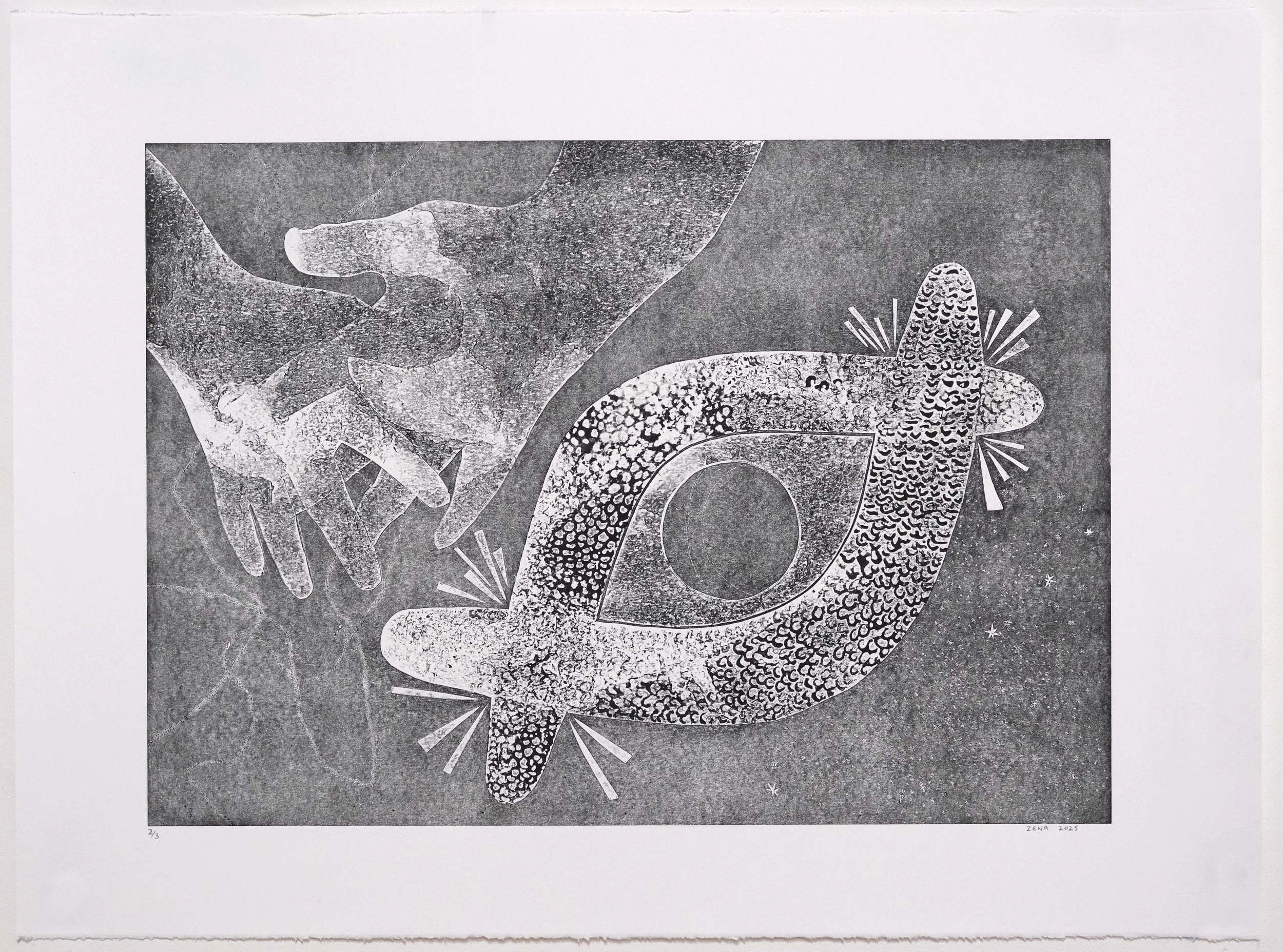 mother #1 , 2025
 collagraph on paper
 Edition of 3 + 2 AP
 420 x 592 mm (image size)
 760 x 565 mm (paper size)
 600 x 800 mm (frame size)
 $880 AUD (print only) 
 $1,200 AUD (framed)
