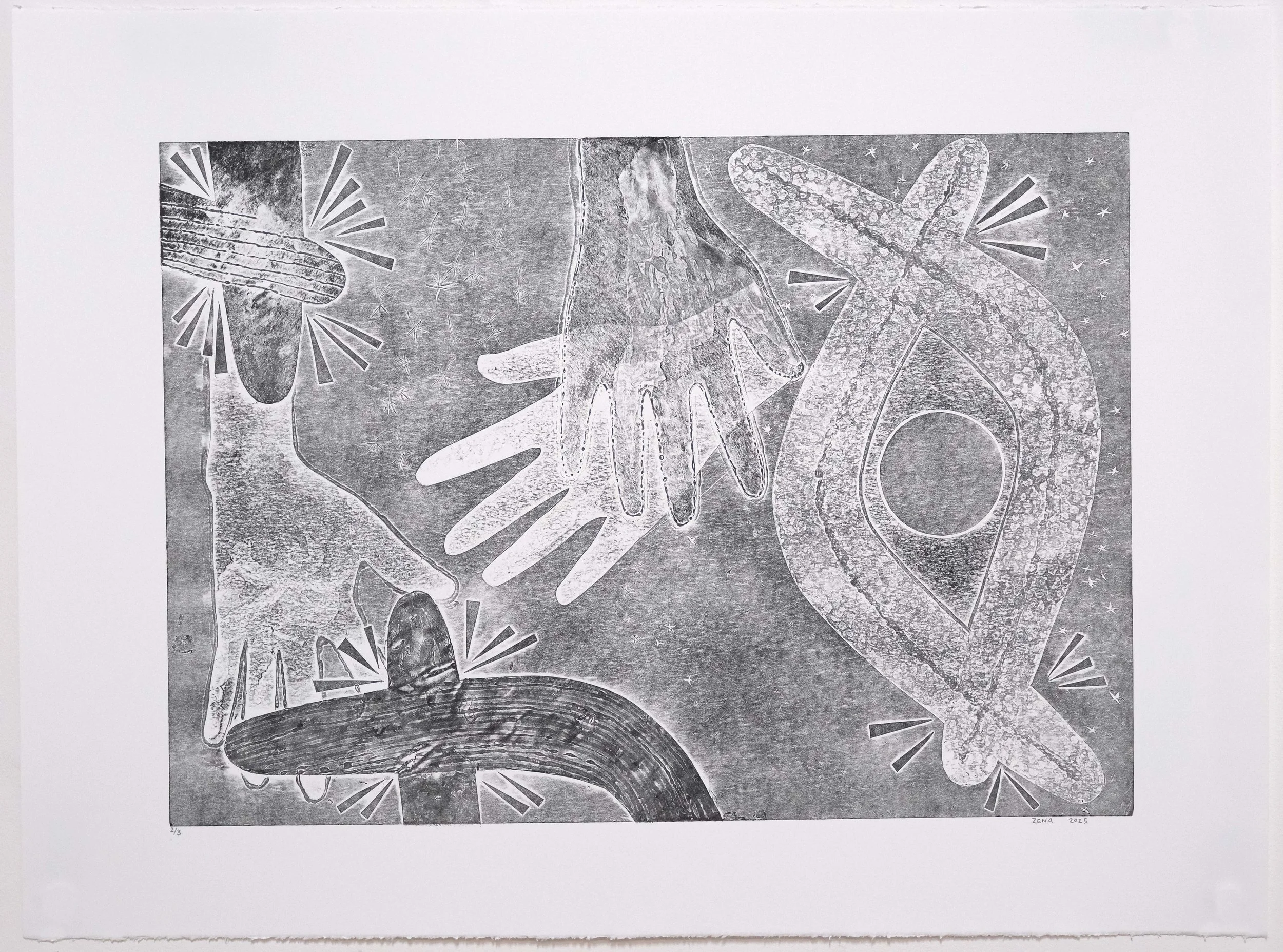  mother #3 , 2025
 collagraph on paper
 Edition of 3
 420 x 592 mm (image size)
 760 x 565 mm (paper size)
 600 x 800 mm (frame size)
 $880 AUD (print only) 
 $1,200 AUD (framed)
