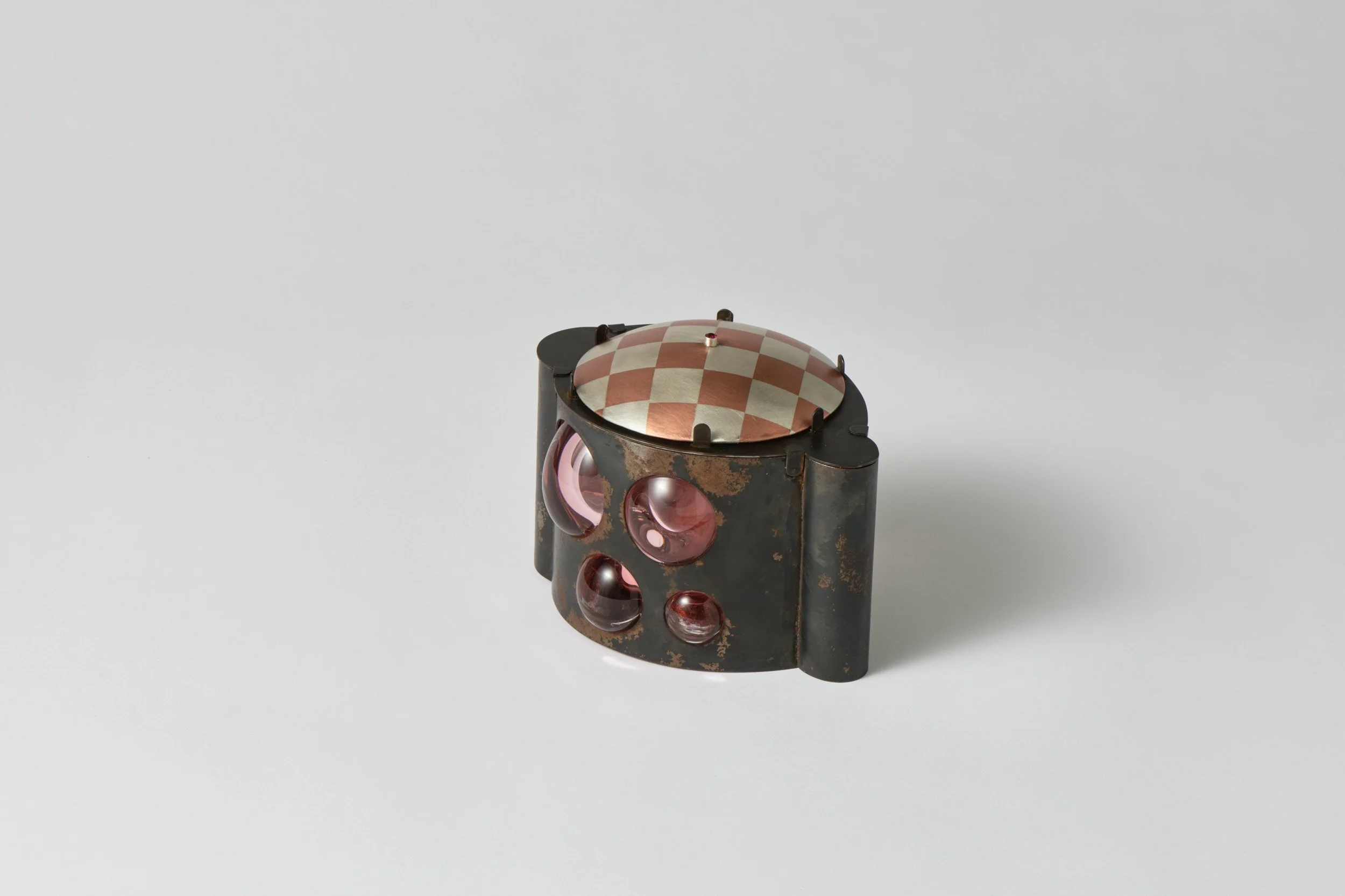  Evoked Potential (henosis) ,2024-2026
 blown glass, mild steel, fine silver, copper, ruby, sterling silver
 130 x 175 x 150 mm
  $2,050