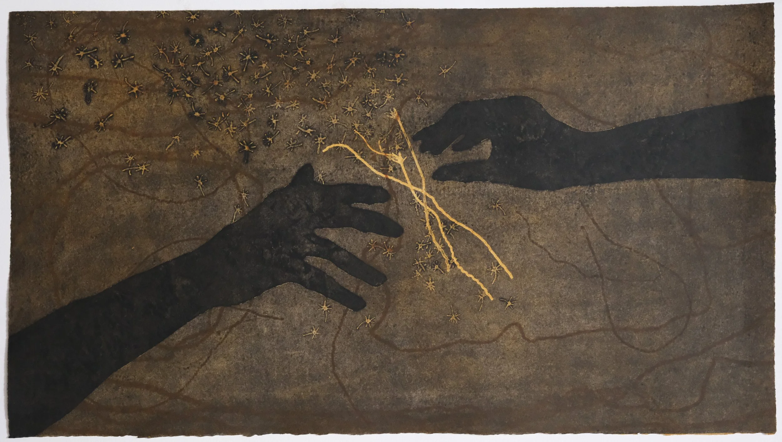  three-pronged sedge (golden) , 2025
 collagraph on paper
 Edition of 1 (Basil Hall Editions)
 435 x 790 mm
 SOLD