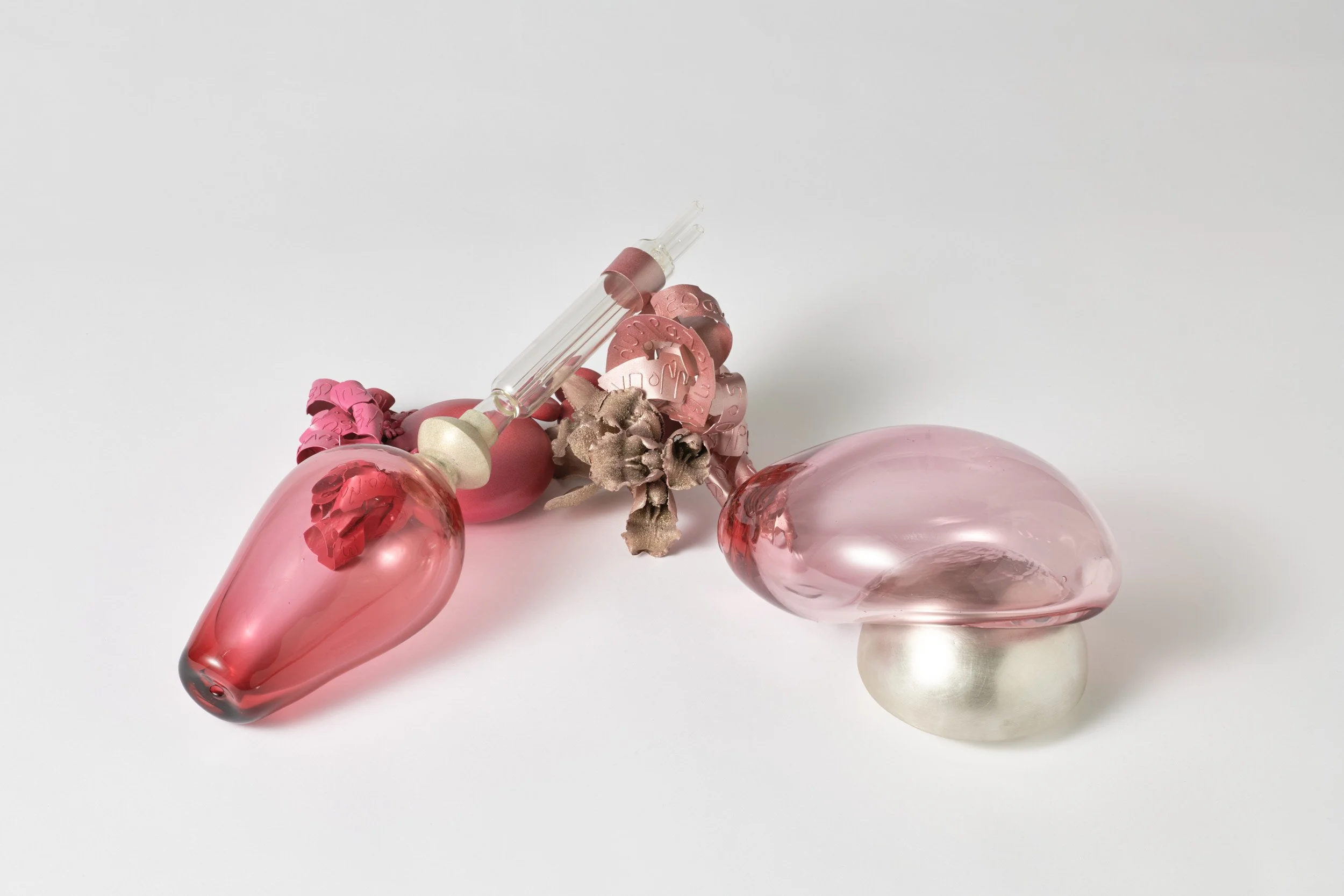  The Silver Hour , 2025-2026
 blown glass, sterling silver, copper, shibuichi, bronze, epoxy, glass beads, paint, borosilicate glass, powder coat, electroplate
 375 x 400 x 110 mm
  $5,200
