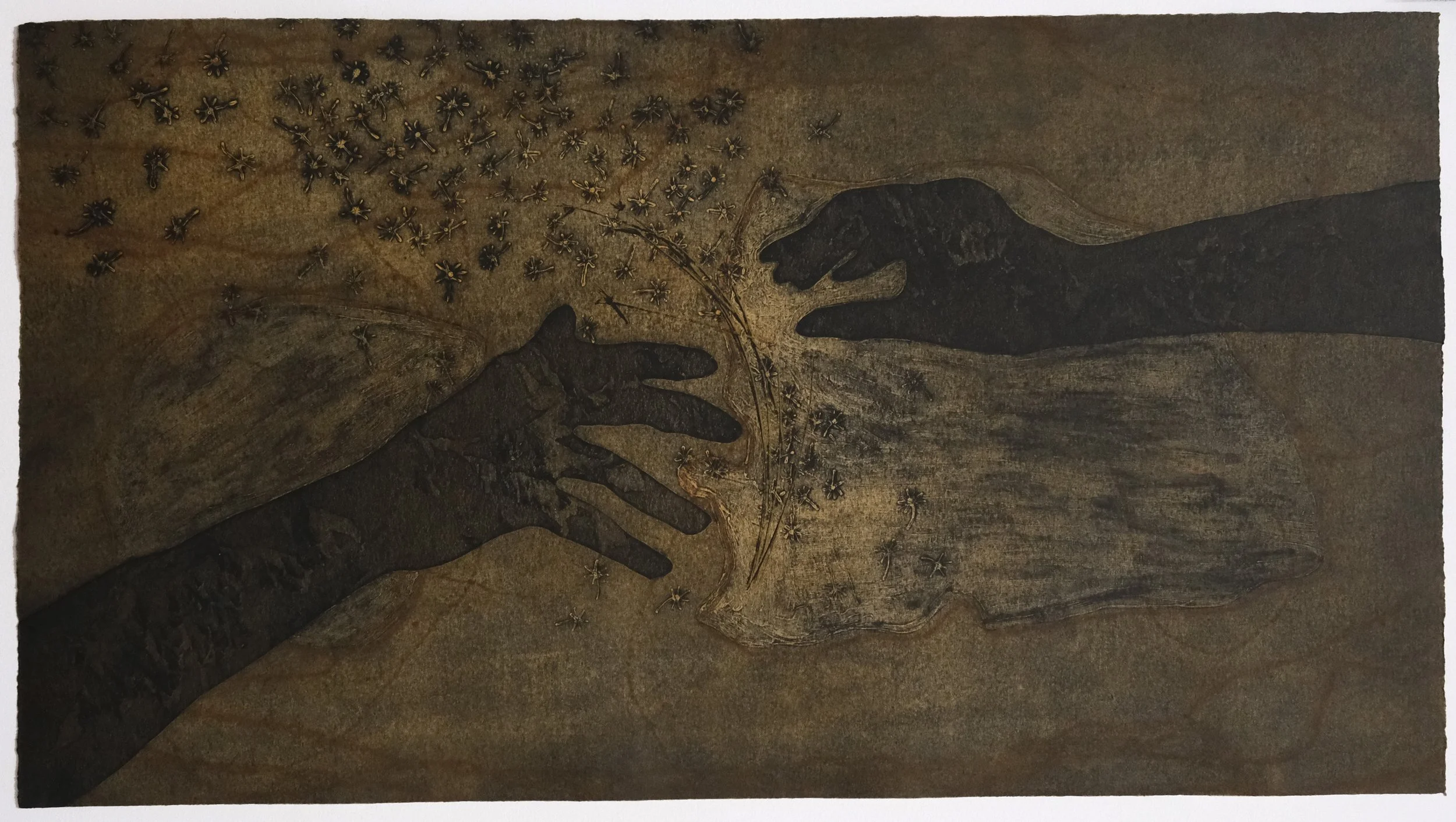  three-pronged sedge (ochre) , 2025
 collagraph on paper
 Edition of 3 (Basil Hall Editions)
 435 x 790 mm
 $660 AUD