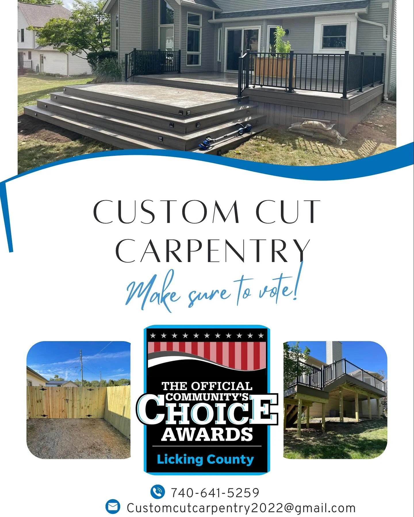 We are honored to announce that Custom Cut Carpentey was nominated for Best of Licking County, and placed into the Top 5 finalists in the category: Home Repair/Remodeling Company! 

We want to thank everyone who has nominated us. We are asking for yo