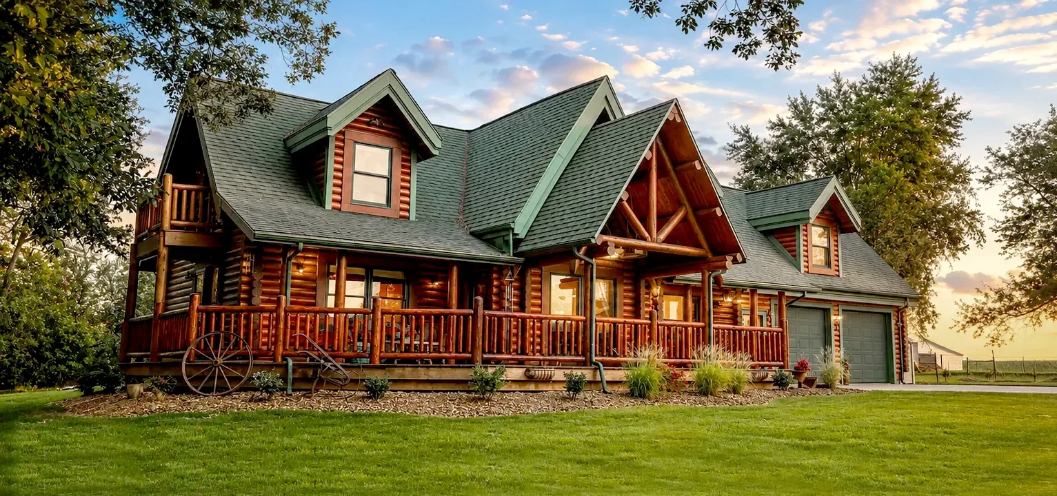 A large log cabin style house with green roof and a front porch, surrounded by a green lawn and trees, during sunset.