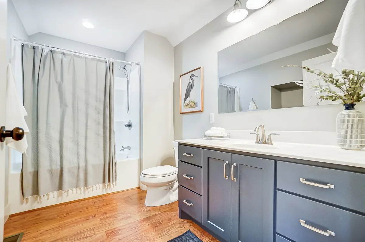A modern bathroom with a vanity, a large mirror, a toilet, a bathtub with a shower curtain, and a decorative plant on the counter.