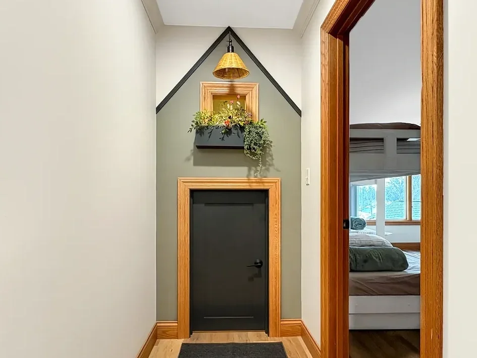 Interior view showing a hallway with a small black door, framed by natural wood trim, on an accent wall. Above the door, a black wall-mounted planter with green plants and flowers. A black pendant light with a woven shade hangs from the ceiling. To the right, a doorway opens into a bedroom with a bed, large window, and neat bedding.