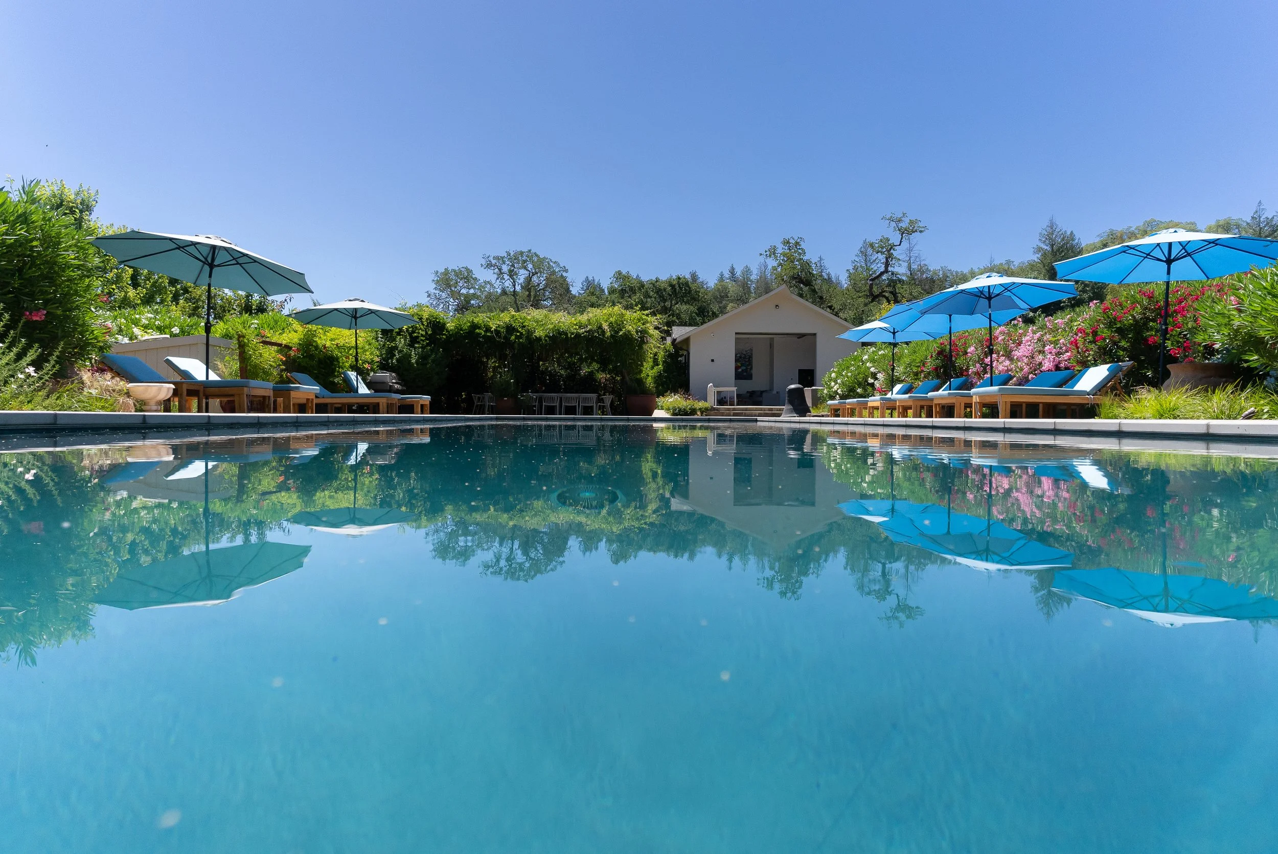 A serene swimming pool with crystal clear water reflecting blue umbrellas, lounge chairs, and lush greenery under a bright blue sky.