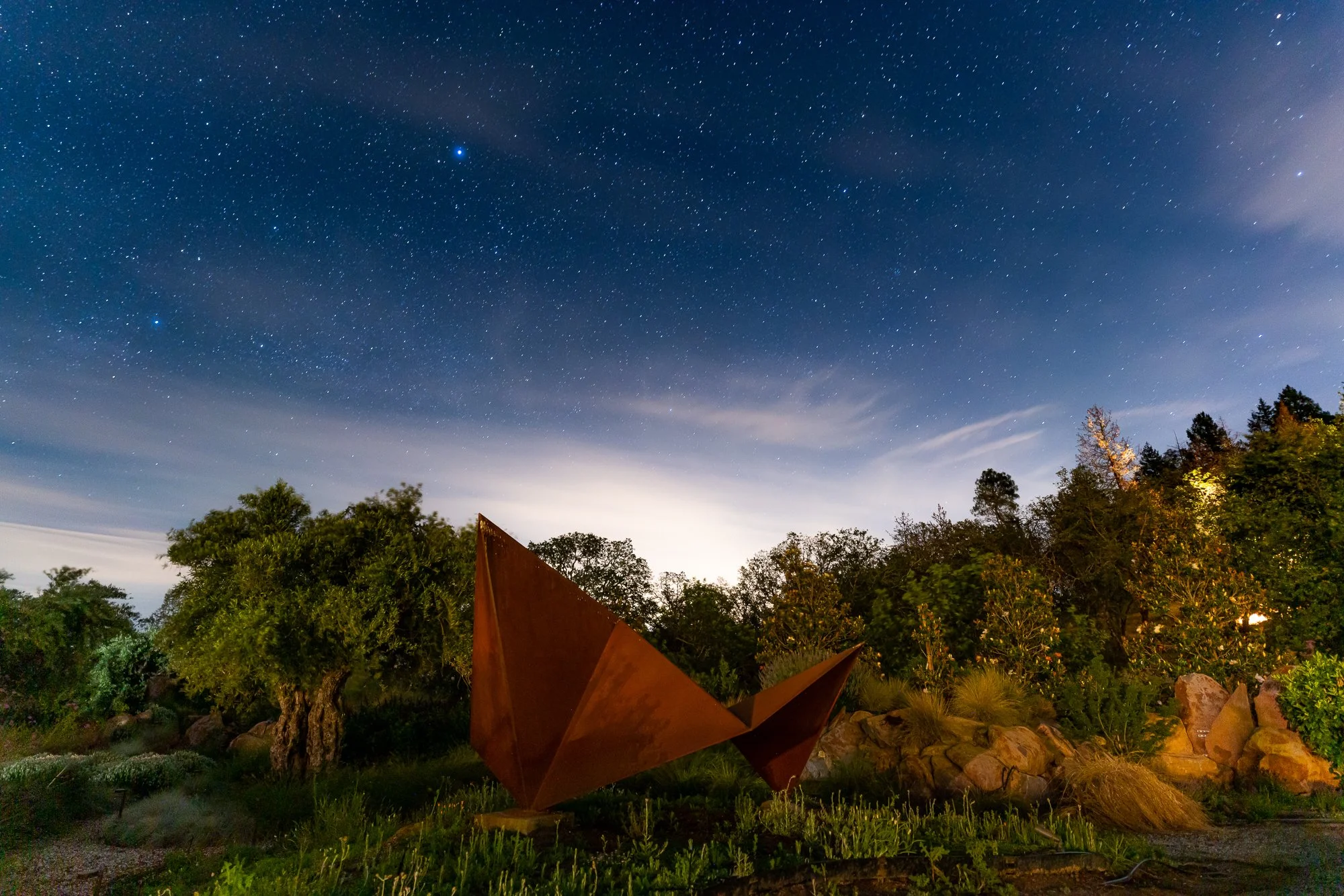 Night sky filled with stars over a landscape with green trees, rocks, and a rust-colored abstract sculpture.