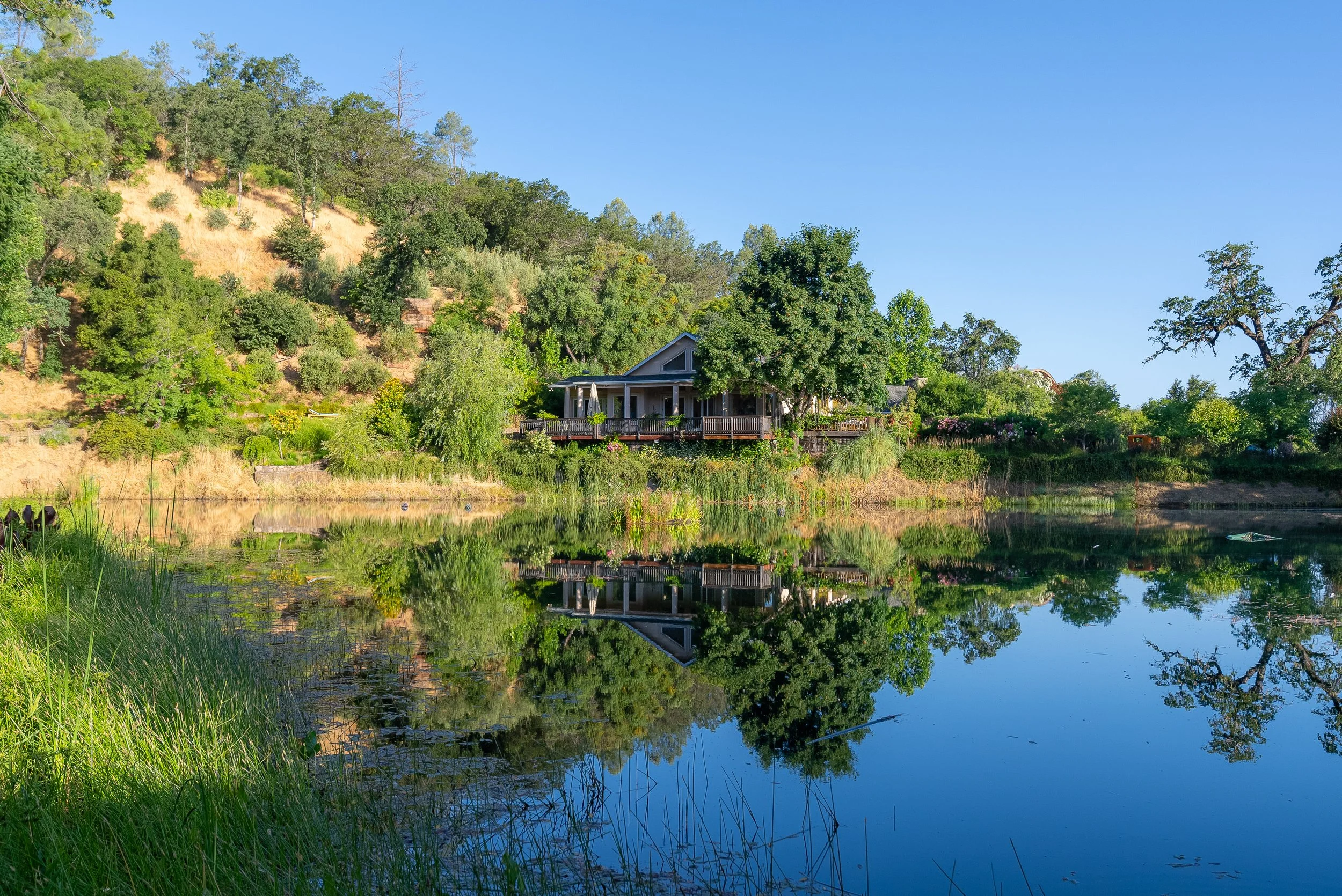 A house with a wraparound porch on a hill, surrounded by trees and bushes, reflected in a calm body of water with a grassy bank in the foreground.