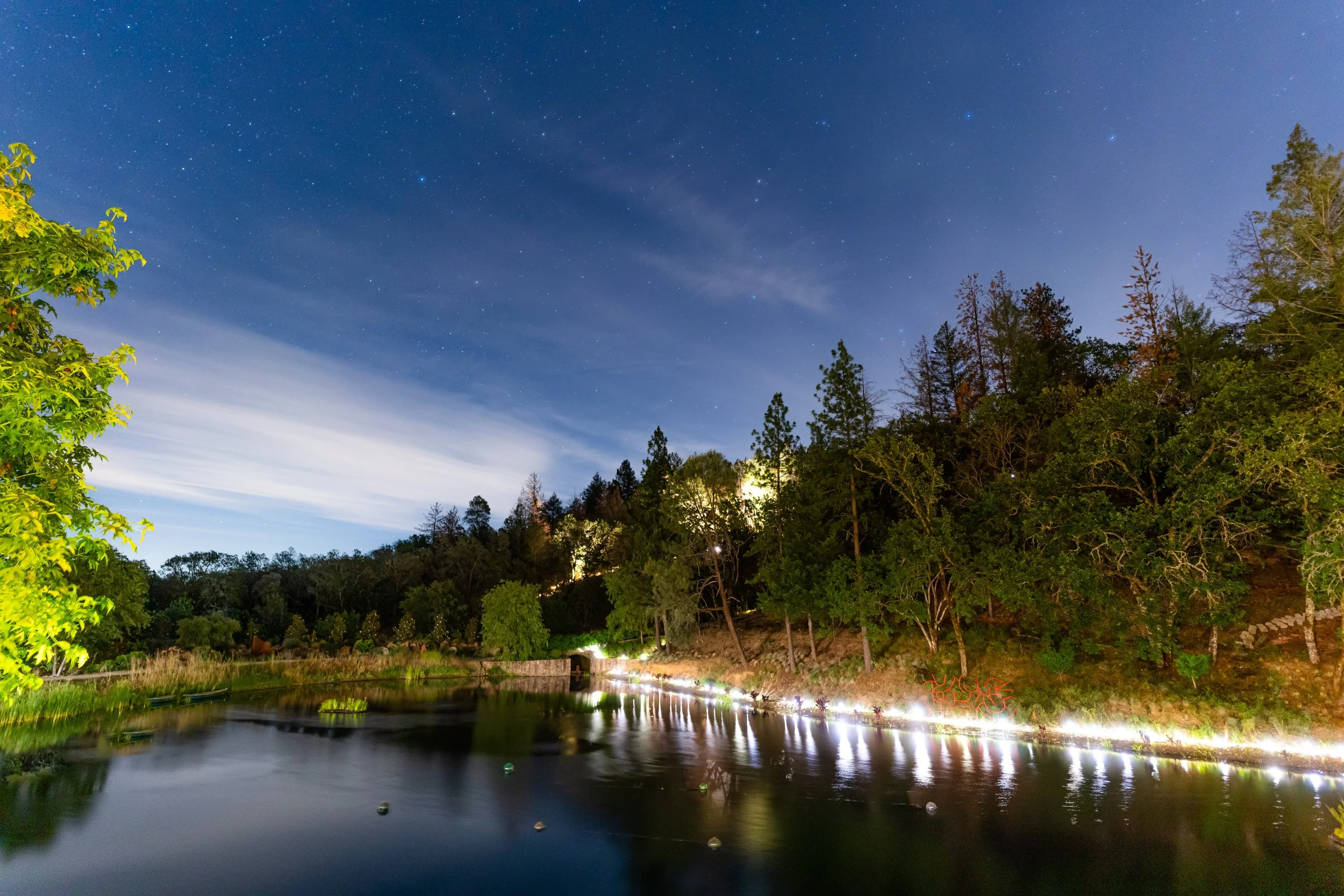Nighttime scene of a river surrounded by trees with starry sky and clouds reflecting on the water, illuminated by shoreline lights.