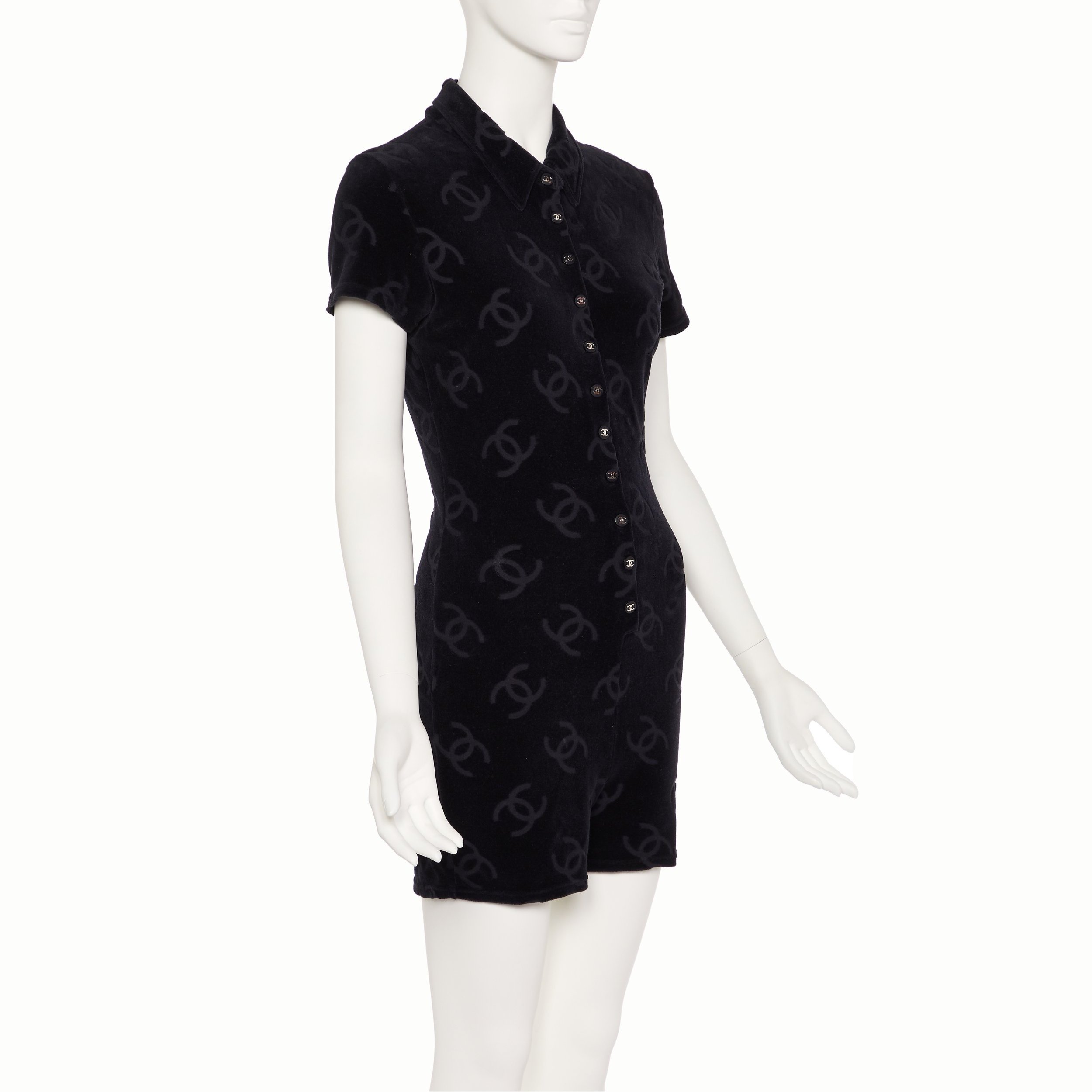 Chanel+by+Karl+Lagerfeld+SS+1996+CC+logo+Black+Velour+Romper_+1.jpg