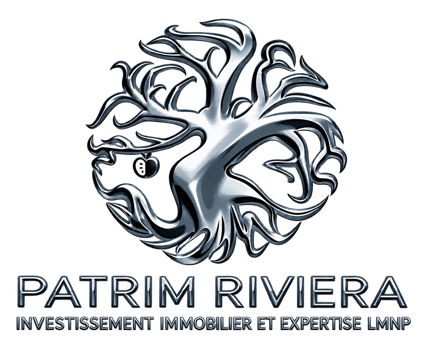 Logo argenté de Patrim Riviera, représentant un arbre stylisé avec une pomme et le texte « Investissement immobilier et expertise LMNP ».