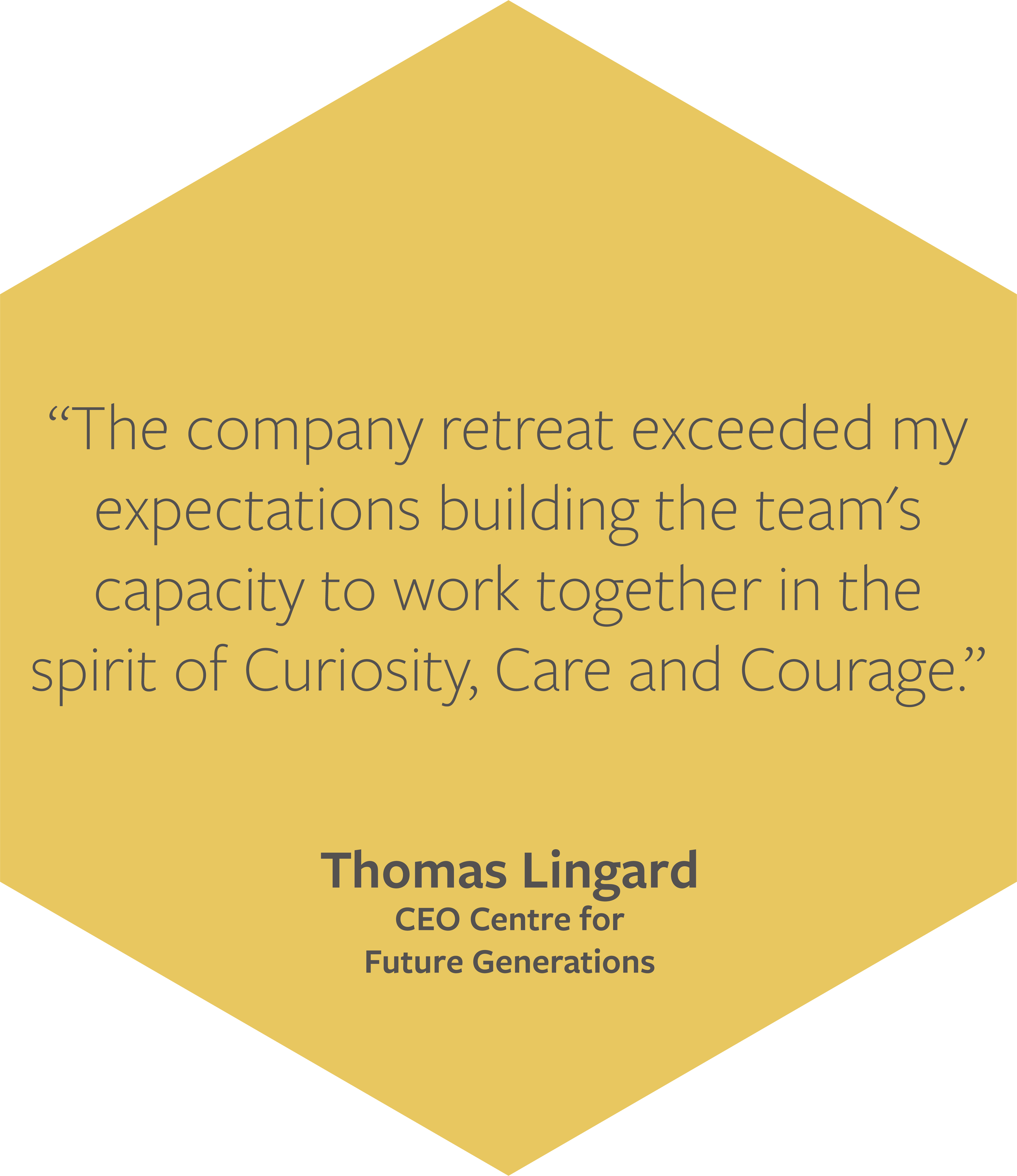 Quote text from Thomas Lingard on a gold hexagonal background reading, 'The company retreat exceeded my expectations, building the team’s capacity to work together in the spirit of Curiosity, Care and Courage.'