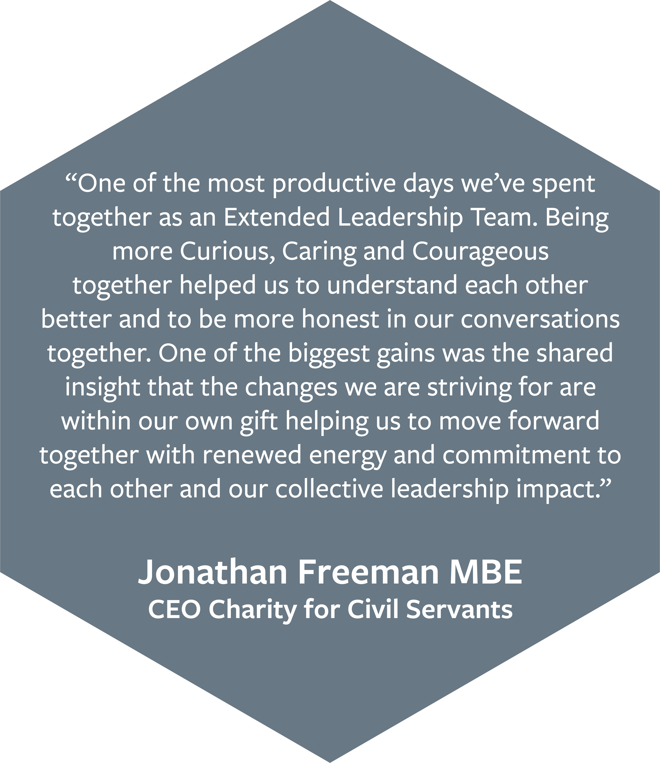 Quote about teamwork and personal growth displayed on a geometric background, with attribution to Jonathan Freeman MBE, CEO of Charity for Civil Servants.
