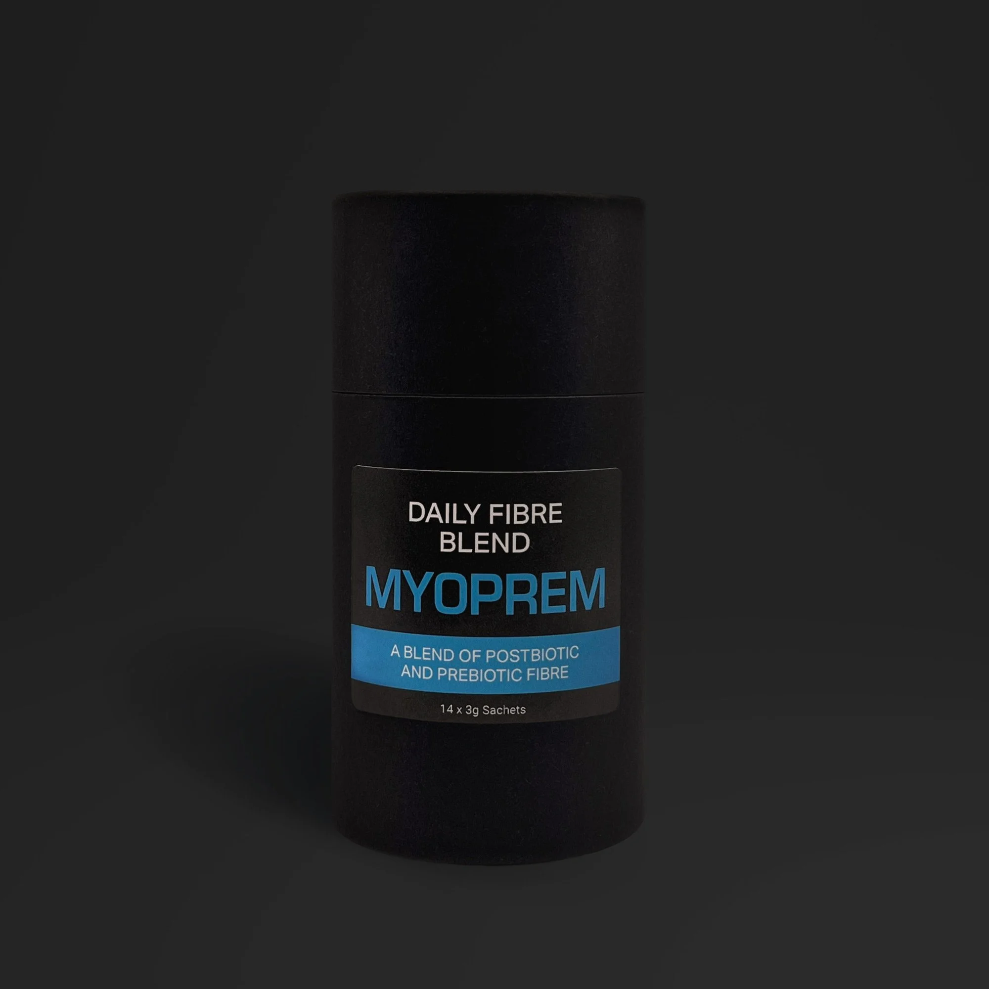 Black cylindrical container labeled "Myoprem Daily Fibre Blend" with text indicating it's a blend of postbiotic and prebiotic fiber, containing 14 x 3g sachets.
