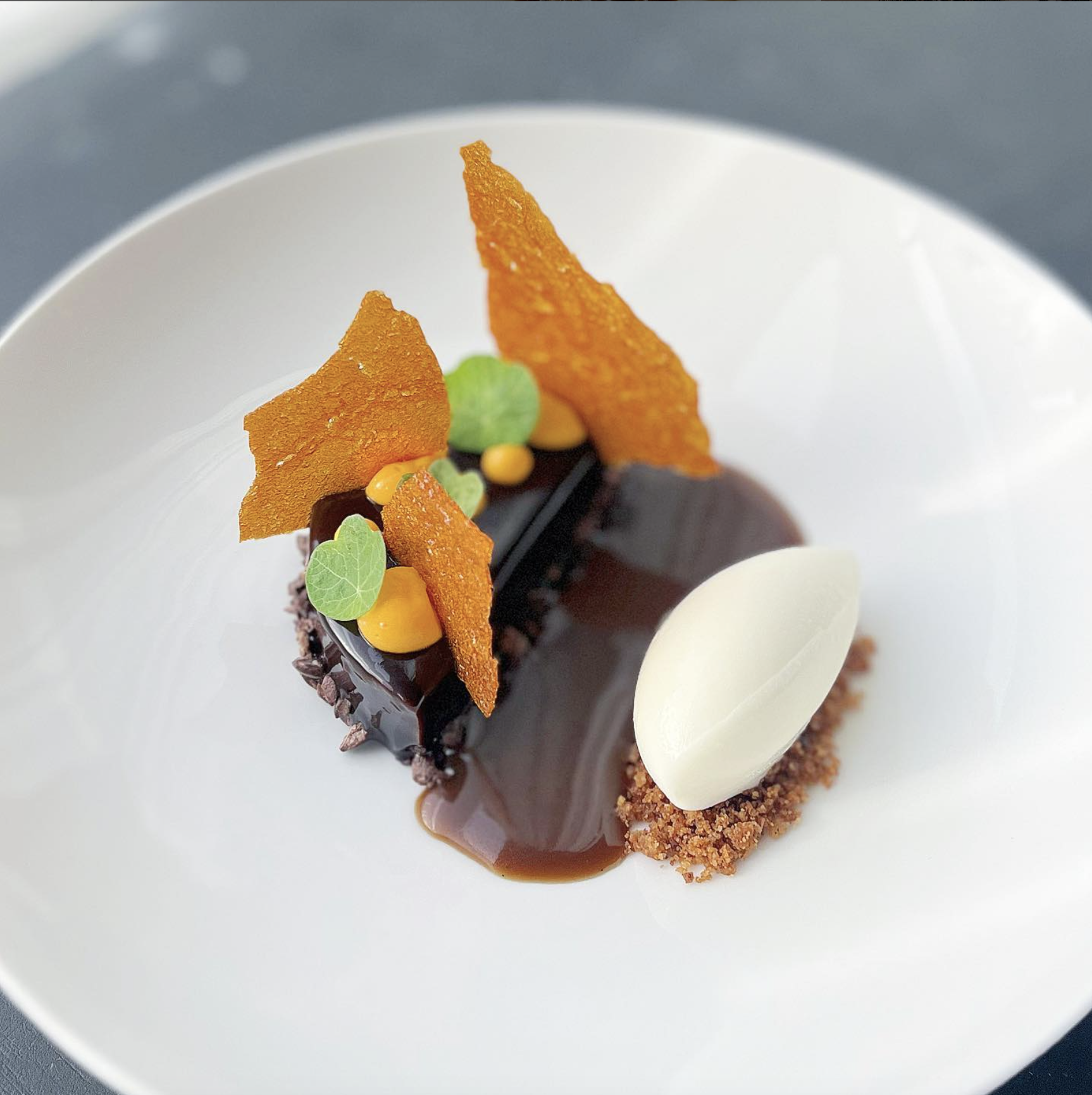 Chocolate dessert, sweet potato, caramel and ice cream