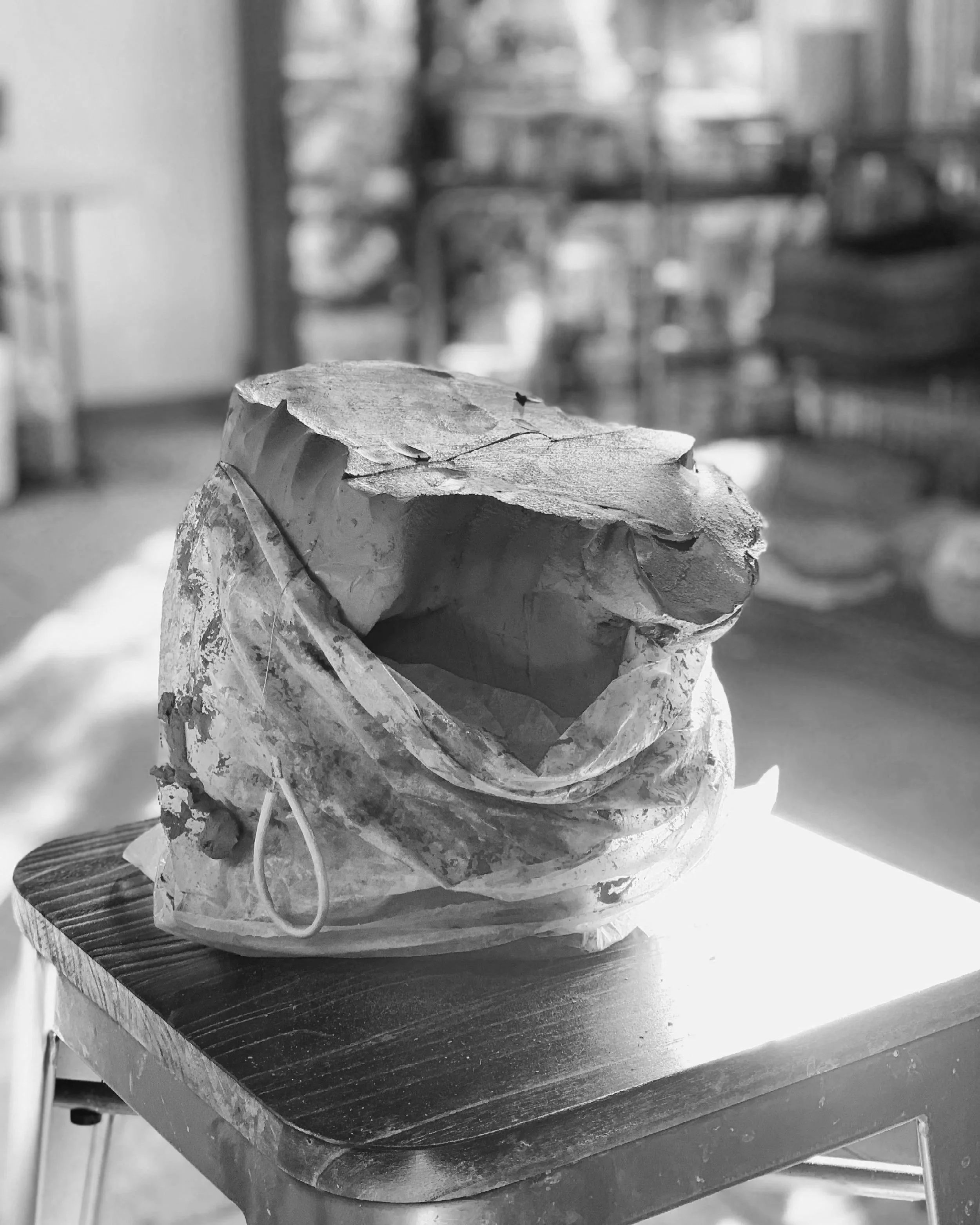 A black and white photo of a rolled-up sheet of paper or material with cracks, placed on a flat surface, with a blurred background of shelves and objects.