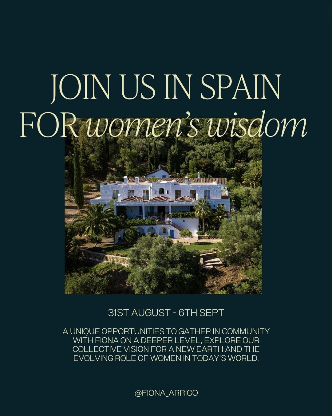 Bookings are now open for our Spanish retreat. These retreats offer unique opportunities to gather in community and to journey more deeply with Fiona, exploring our collective vision for a new Earth, and the evolving role of women in today's world.

