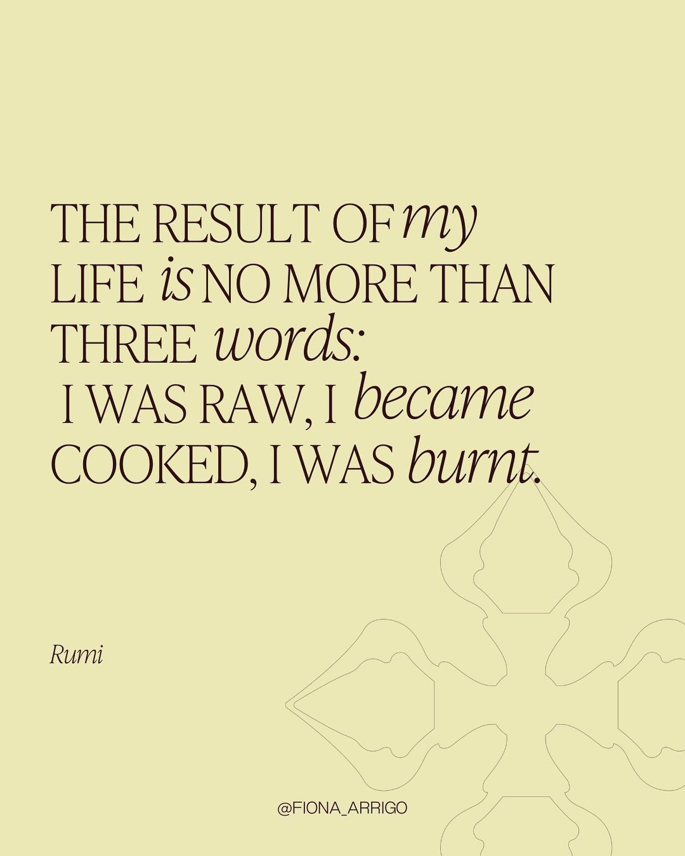 &ldquo;The result of my life is no more than three words: I was raw, I became cooked, I was burnt.&rdquo; &mdash; Rumi

Life is a journey of transformation. We grow through experiences that shape and mature us along the way. 

Sometimes we meet life 