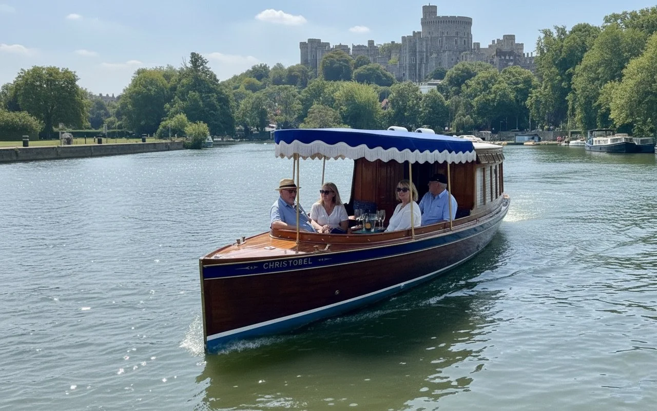 A picture of the beautiful Christobel launch sailing the river with some very happy passengers and the lovely vista of Windsor Castle in the background.