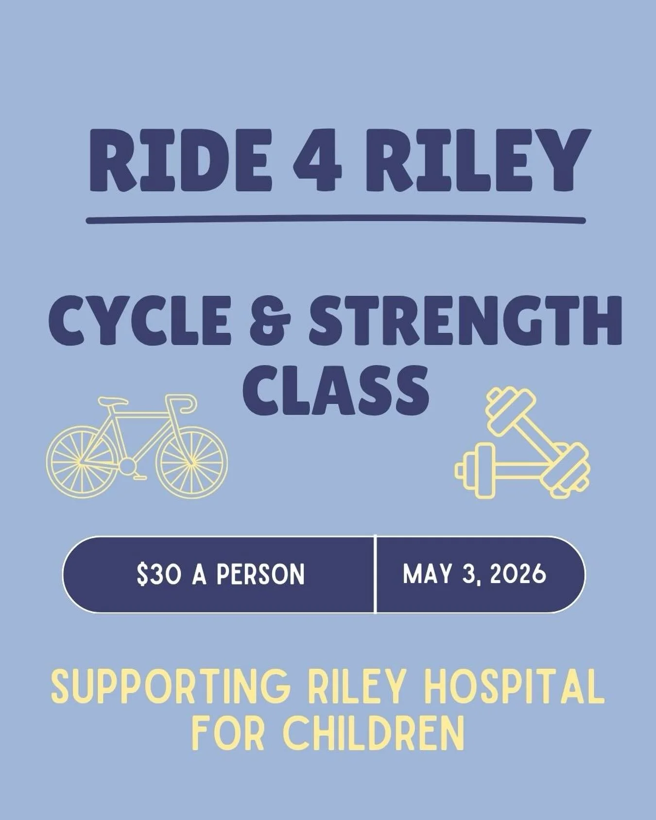 Join us our &ldquo;Ride 4 Riley&rdquo; cycle strength class! 🚲💪🏼💙 Hosted by @tayytayy @soph_miller91 @temeyers98 

When: May 3 @ 10:15 am
Where: Fitness Clinic 2160 W. 86th St. #1001 Indianapolis, IN 46260
Why: Supporting Indiana University Dance