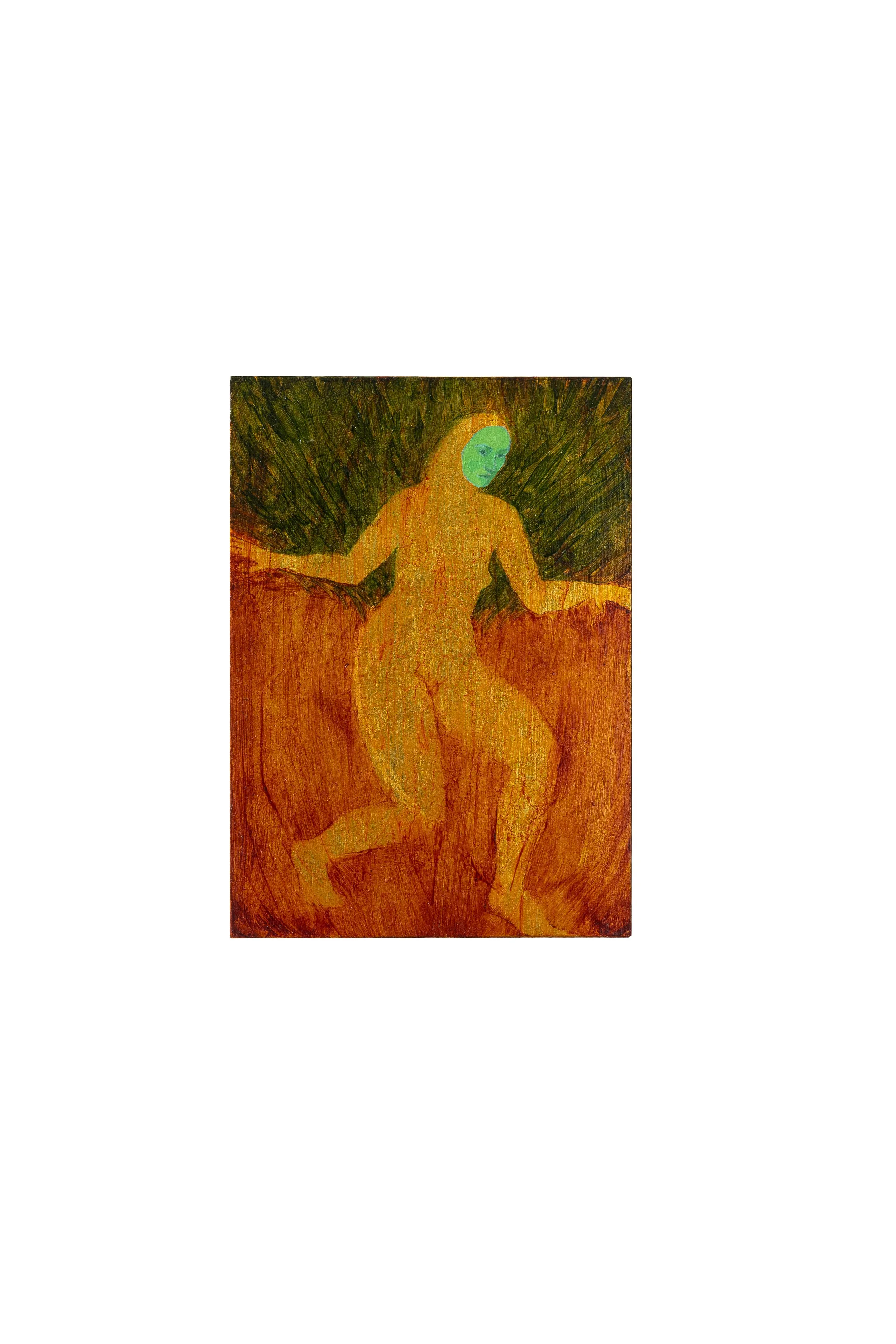 Earthwards, Oil and metal leaf on board, 7 x 5  in, 2025