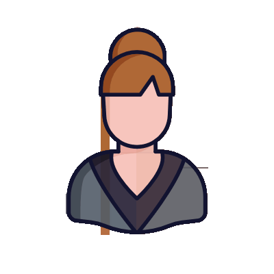 Illustration of a woman with glasses, brown hair in a bun, wearing a gray and black academic gown.